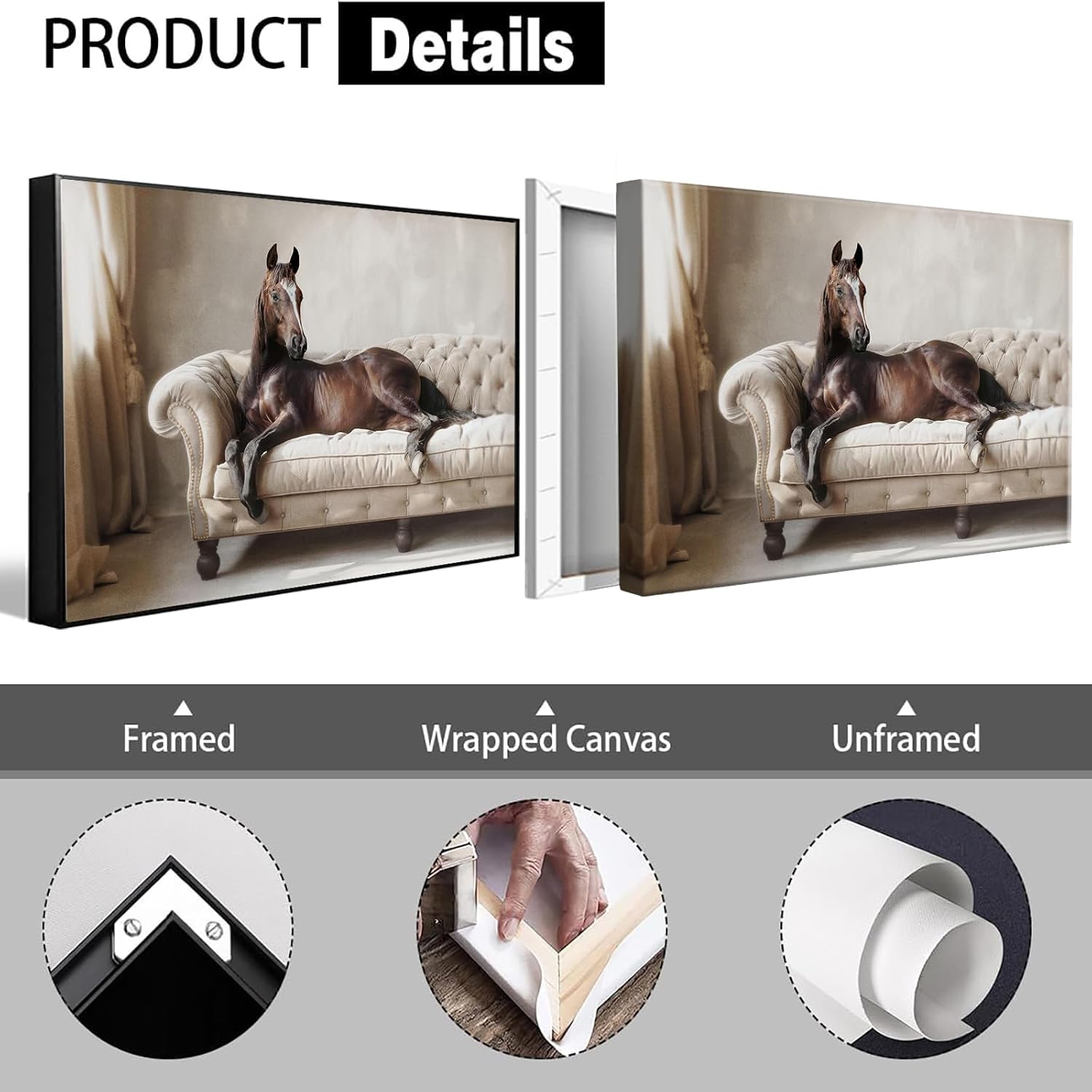 Black Framed Vintage Brown Horses Canvas Posters Whimsical Horse On Sofa Wall Art Rustic Farmhouse Horses Animal Prints Painting For Living Room Bedroom Dorm Wall Decor 24x36in