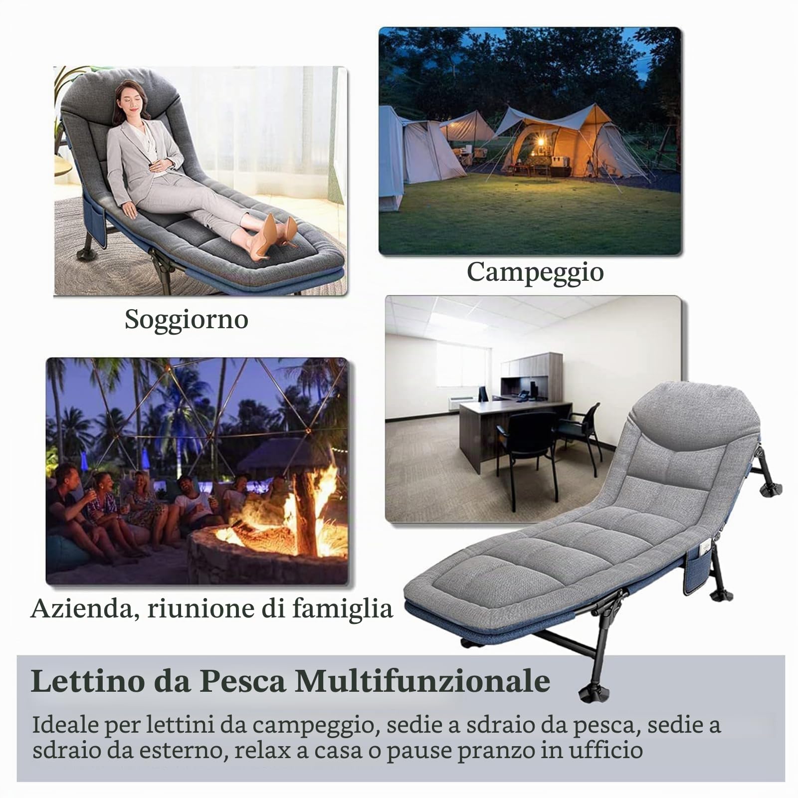 Letto Campeggio Portatile, Schienale Regolabile in 5 Posizioni, Brandina da Campeggio Pieghevole con Materasso e Tasca Laterale, Letto da Campeggio per Giardino Campeggio Ufficio (Grigio)