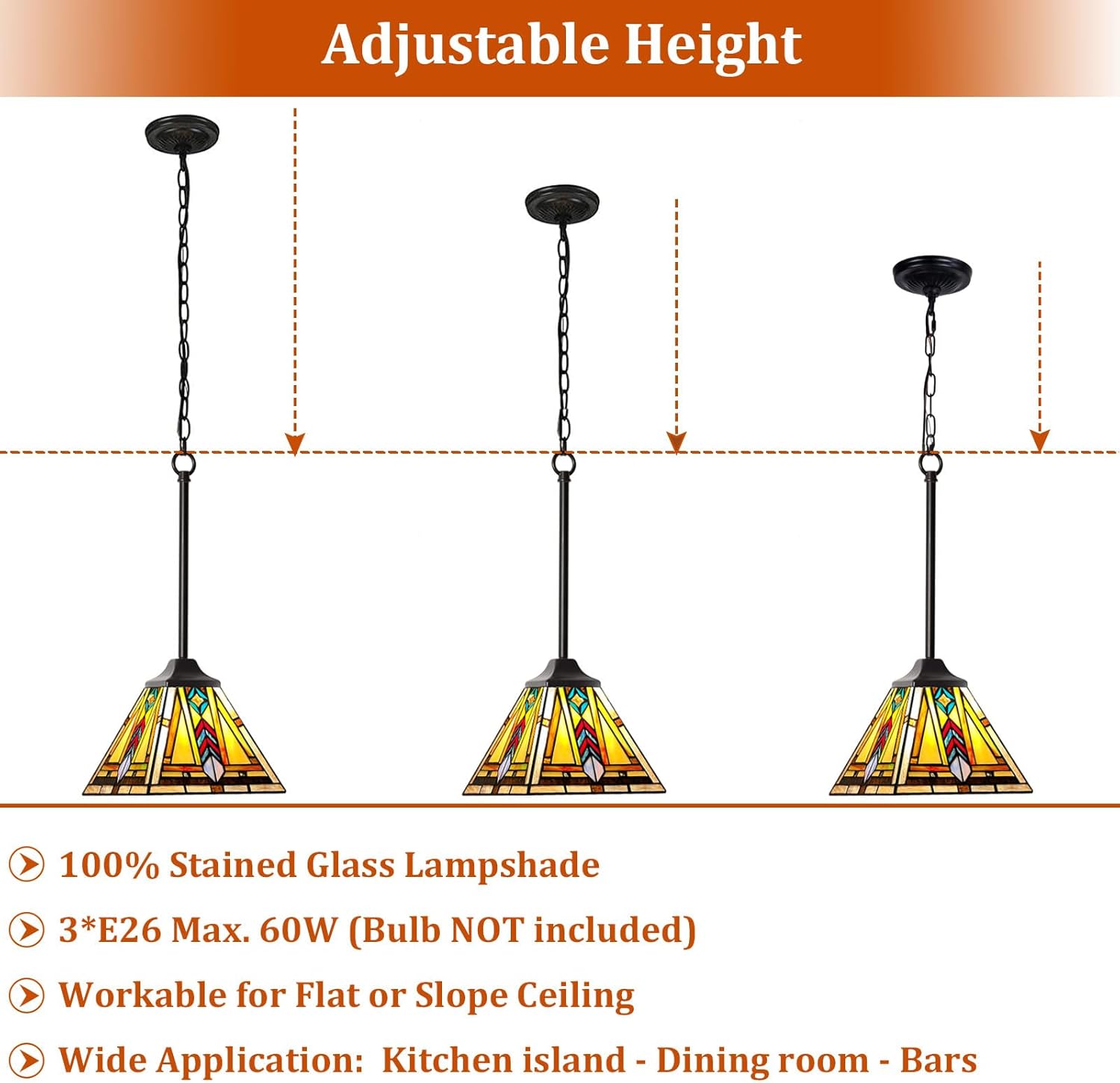 Capulina Tiffany Lamp Stained Glass Pendant Lights 8 Inches Wide Antique Firecracker Mission Tiffany Style Hanging Lamp for Kitchen Island Counter Dining Room Hallway Home Office