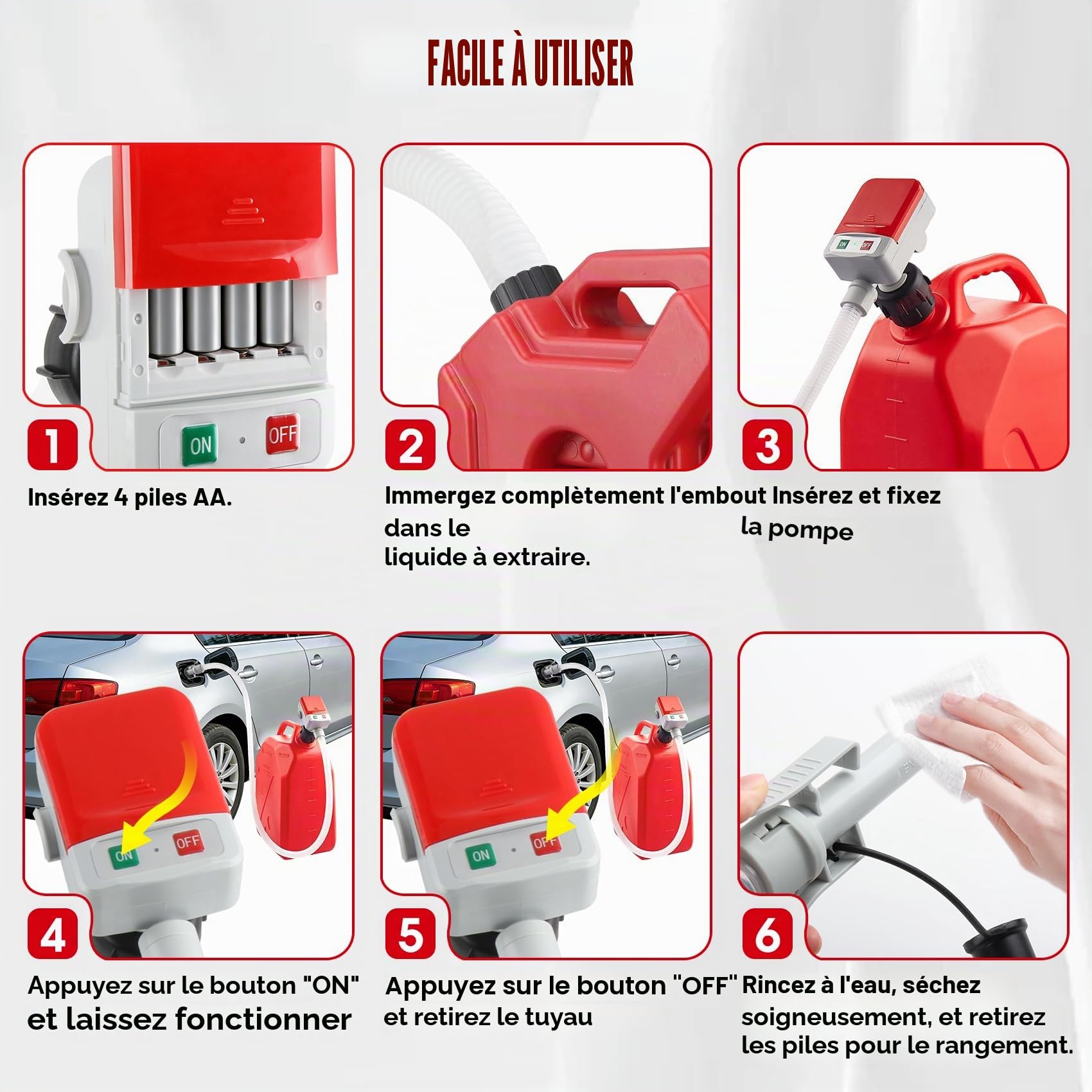 Pompe de transfert de carburant avec capteur d'arrêt automatique, pompe à carburant portable de 2,8 GPM avec 3 adaptateurs de taille de réservoir, pompe de transfert électrique avec tuyaux et buse