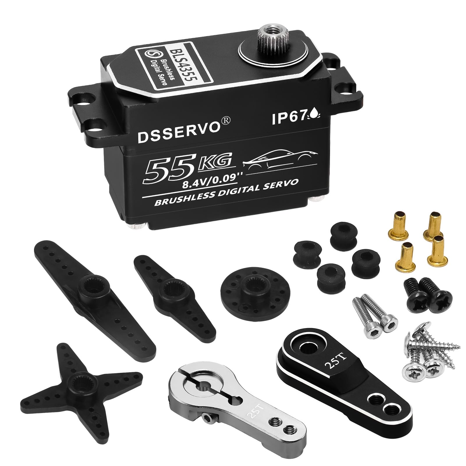 Servo brushless a basso profilo da 55 kg con 2 corno servo 25T tutto il metallo IP67 impermeabile Servo digitale ad alta coppia servo sterzo veloce per 1/8 1/10 1/12 1/14 RC auto, 180 °