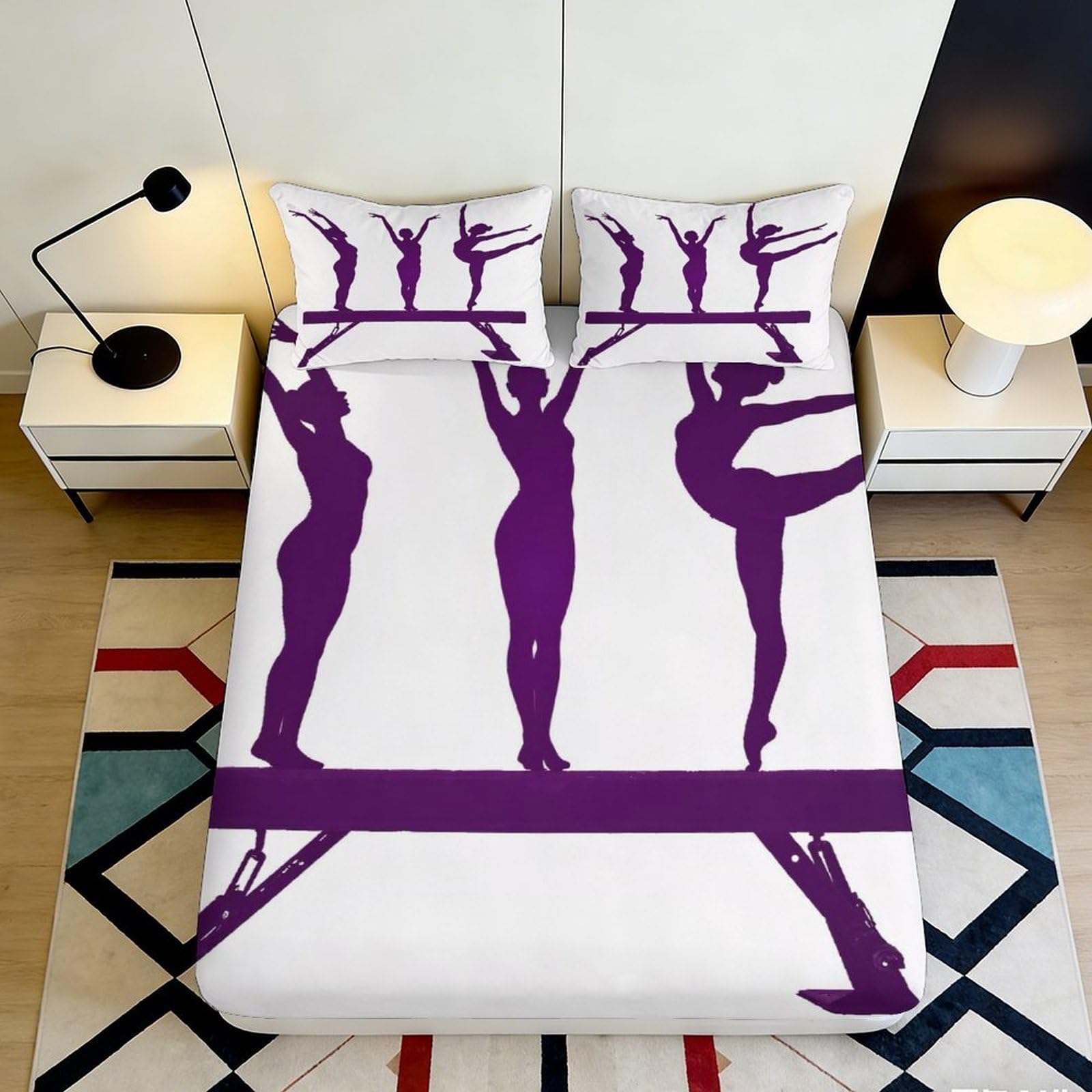 3D Printed Gymnastics Silhouette Fitted Sheet Microfiber Purple Artistic Dance Mattress Cover for Bedroom Dorm Decor 180x200x25cm