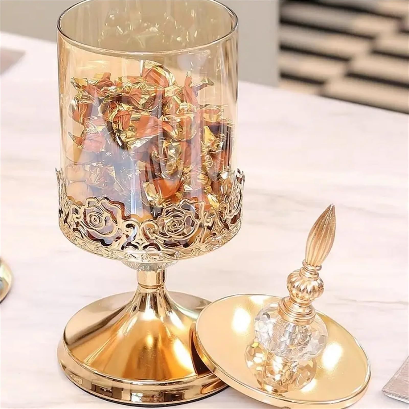 Tarro de almacenamiento cristal lujo con tapa, tarro caramelo rosa, chapado en oro, adornos decorativos, arte, decoración del hogar para Caramelos