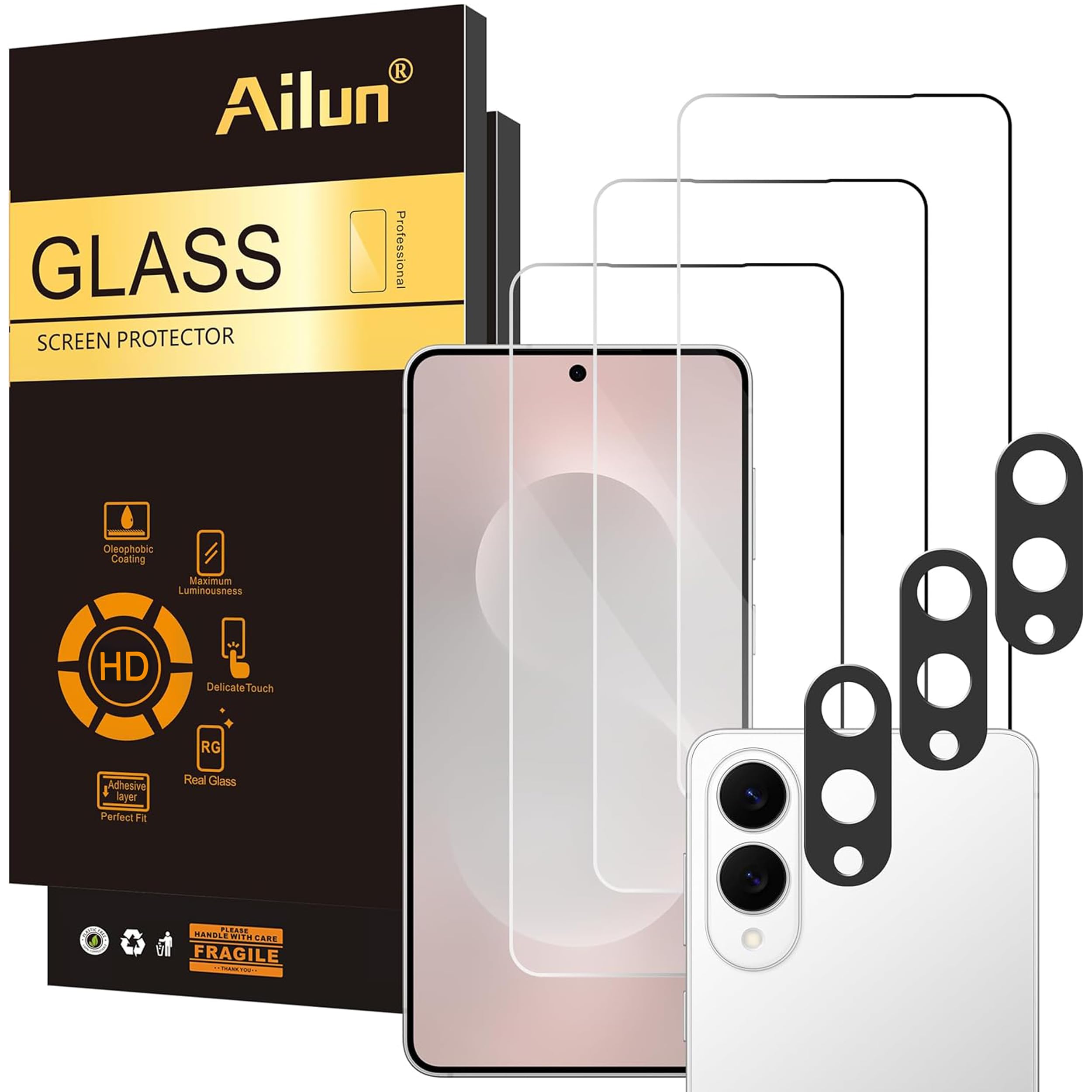 Ailun Screen Protector+Camera Lens Protector for Galaxy S25 Edge, 3+3 Pack | 6.7 inch, Tempered Glass, Fingerprint Unlock Compatible, 0.25mm, Anti-Scratch, Case Friendly, Clear, HD Transparent S25 Edge 6.7 inches