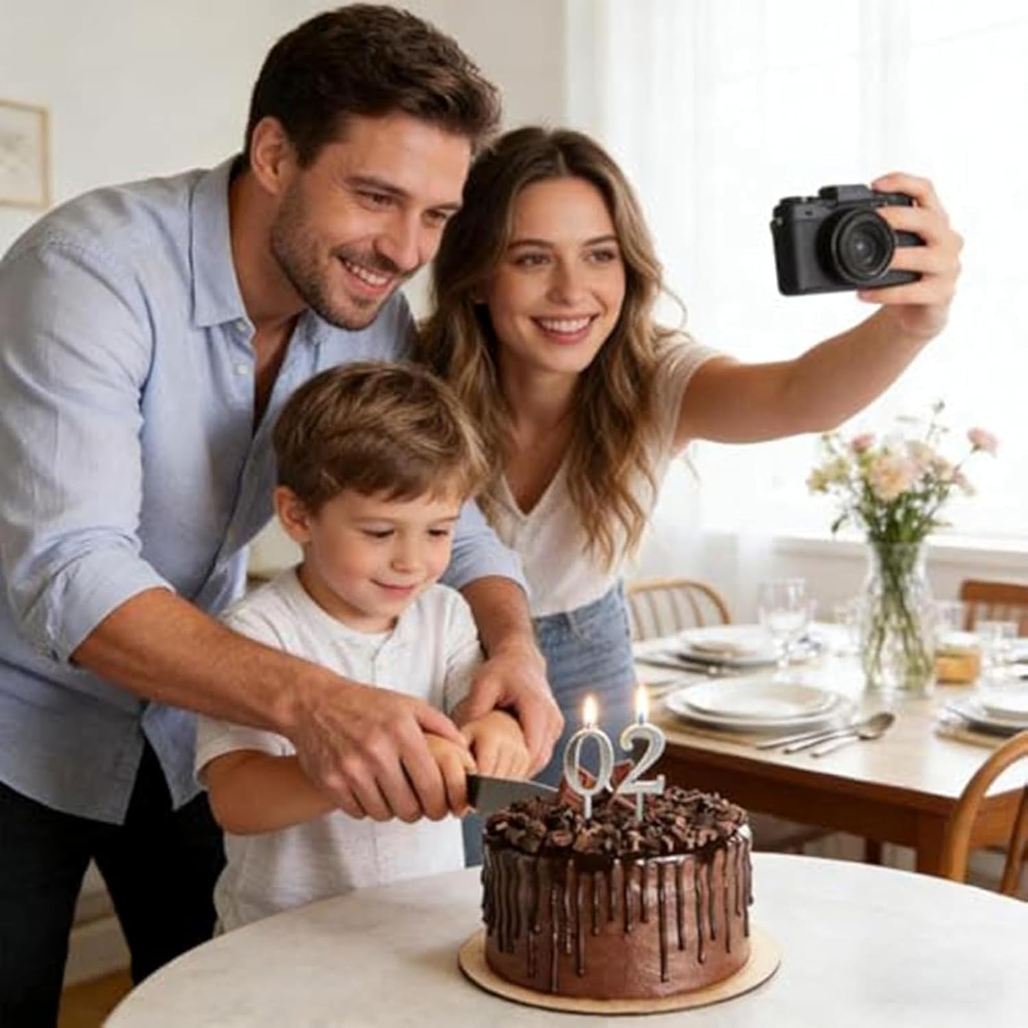 Reusable Digital Number Candle Holder Set, Silver Adjustable Cake Topper for Birthday Parties (2-Pack)