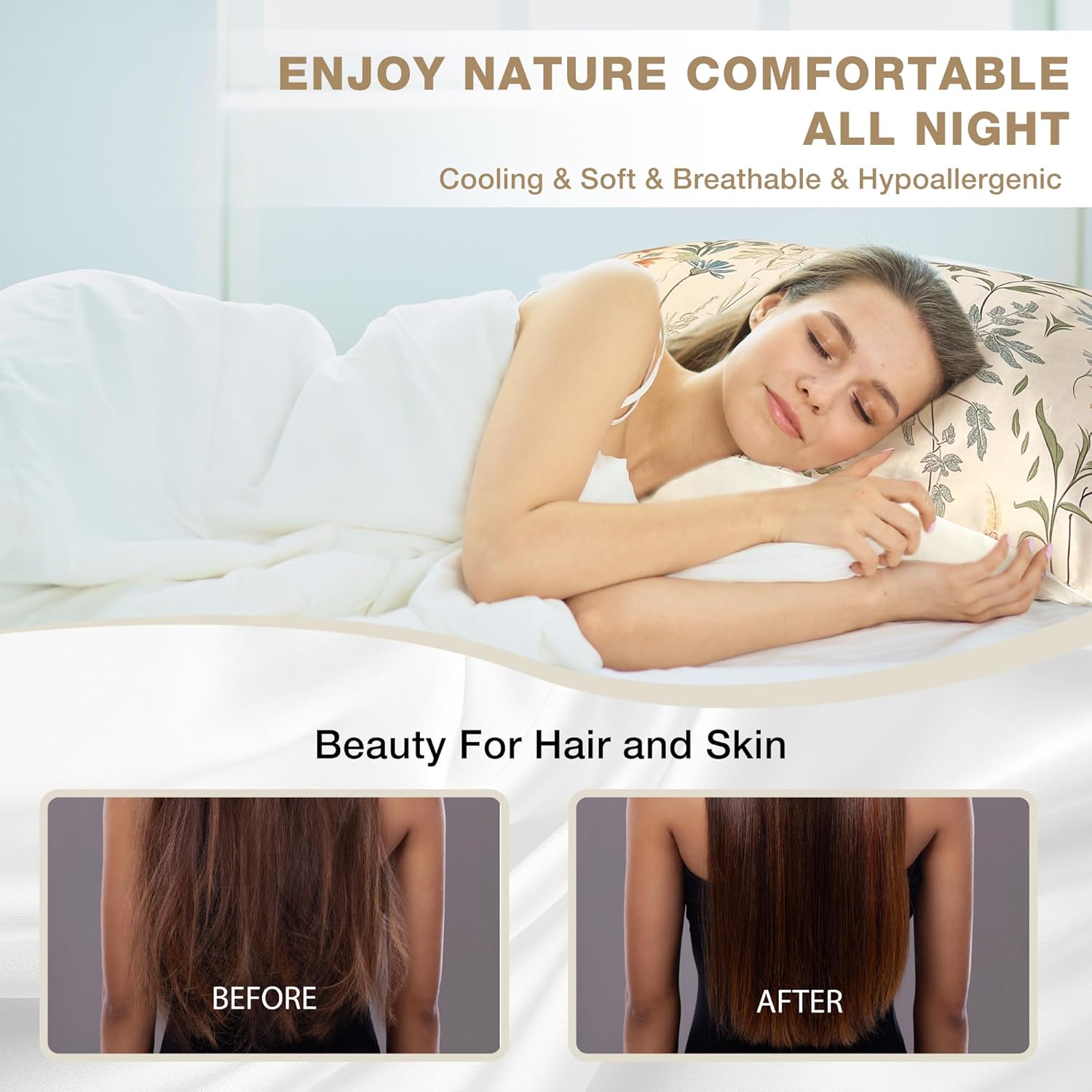 MANSPHIL Sage Green Mulberry Silk Pillow Cases Queen 2 Pack - 22 Momme Silk Foral Pattern Upper & Satin Underside for Hair and Skin, Envelope Closure 20x30 Inch