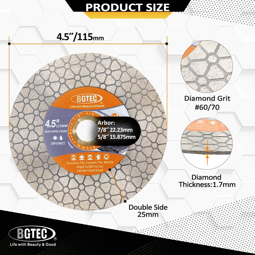 BGTEC Diamond Saw Blades - 4.5"/115mm Cut-Off Wheel for Ceramic Tile, Porcelain Tile, Marble, Artificial Stone, Triangle Double-Sided