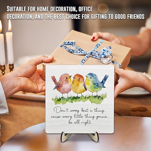 Miniatura 7 de Letrero inspirador de madera  Every Little Thing Is Gonna Be All Right-Placa con cita con pájaros de acuarela, decoración de escritorio edificante