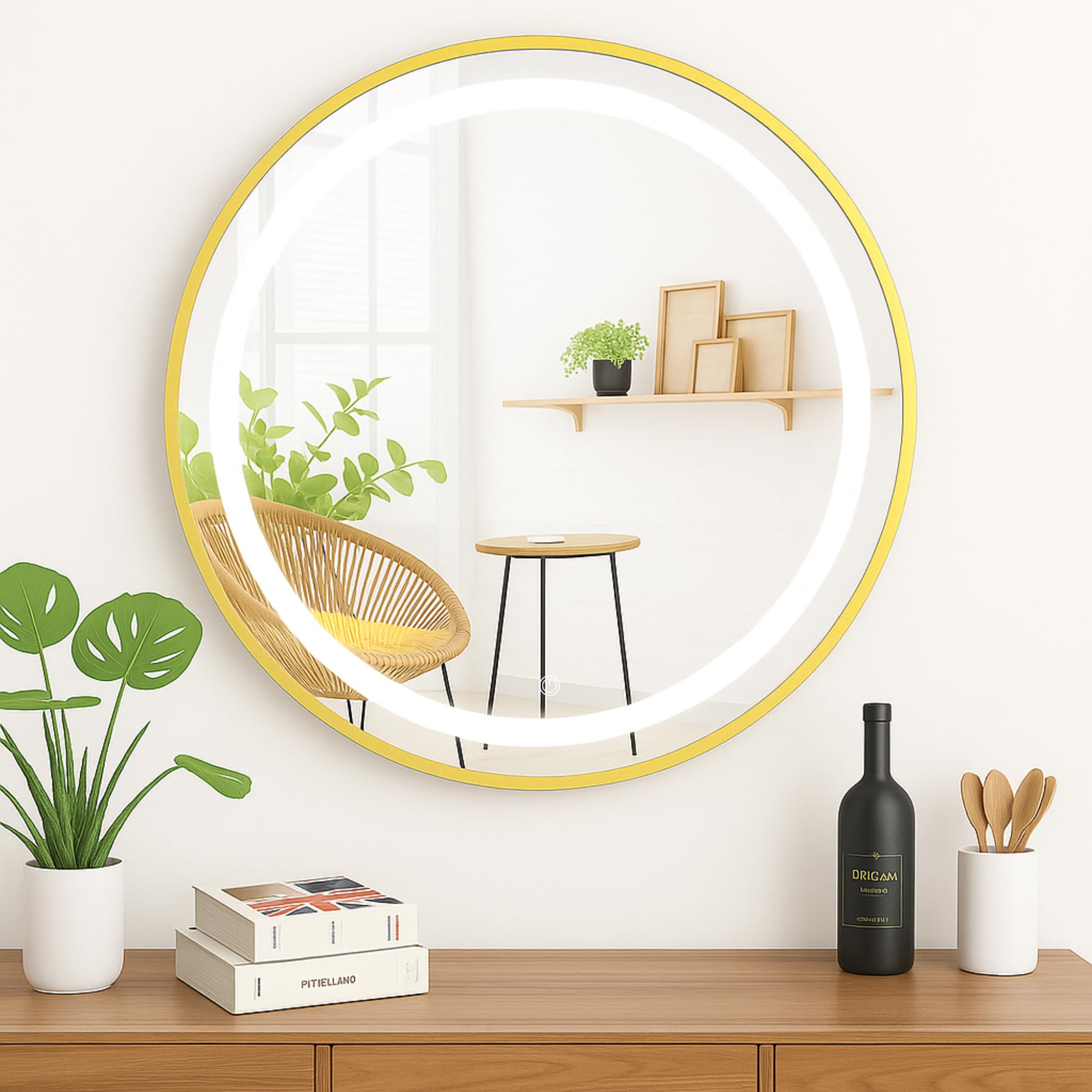 SensaHome Miroir de Salle de Bain Rond à LED – Miroir Mural avec Éclairage Réglable – Cadre en Métal – 2700K/4500K/6400K – 70 cm – Doré
