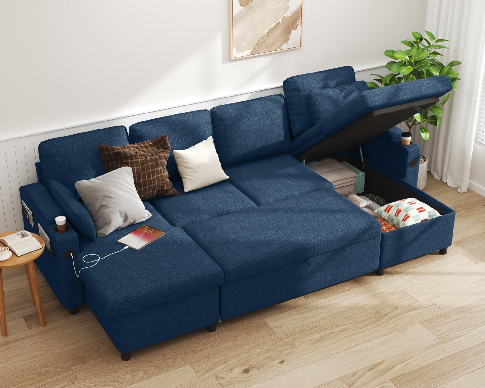 Sofa Bed Pull Out Couch Sleeper with Double Storage Chaise, U Shaped Convertible Sectional Sleeper Sofa for Living Room with USB Charging Ports, Cup Holder (Blue)