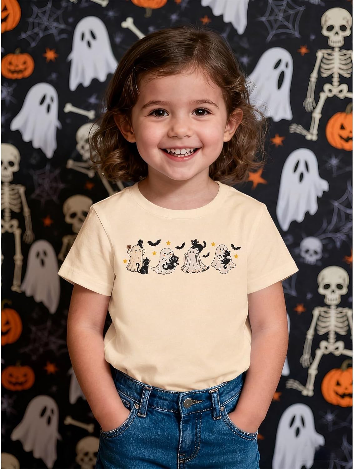 MODNTOGA Halloween Shirt Toddler Girl Cute Ghost T-Shirt Kids Ghost Black Cat Outfit Top Spooky Season Short Sleeve Fall Tee - Image 4