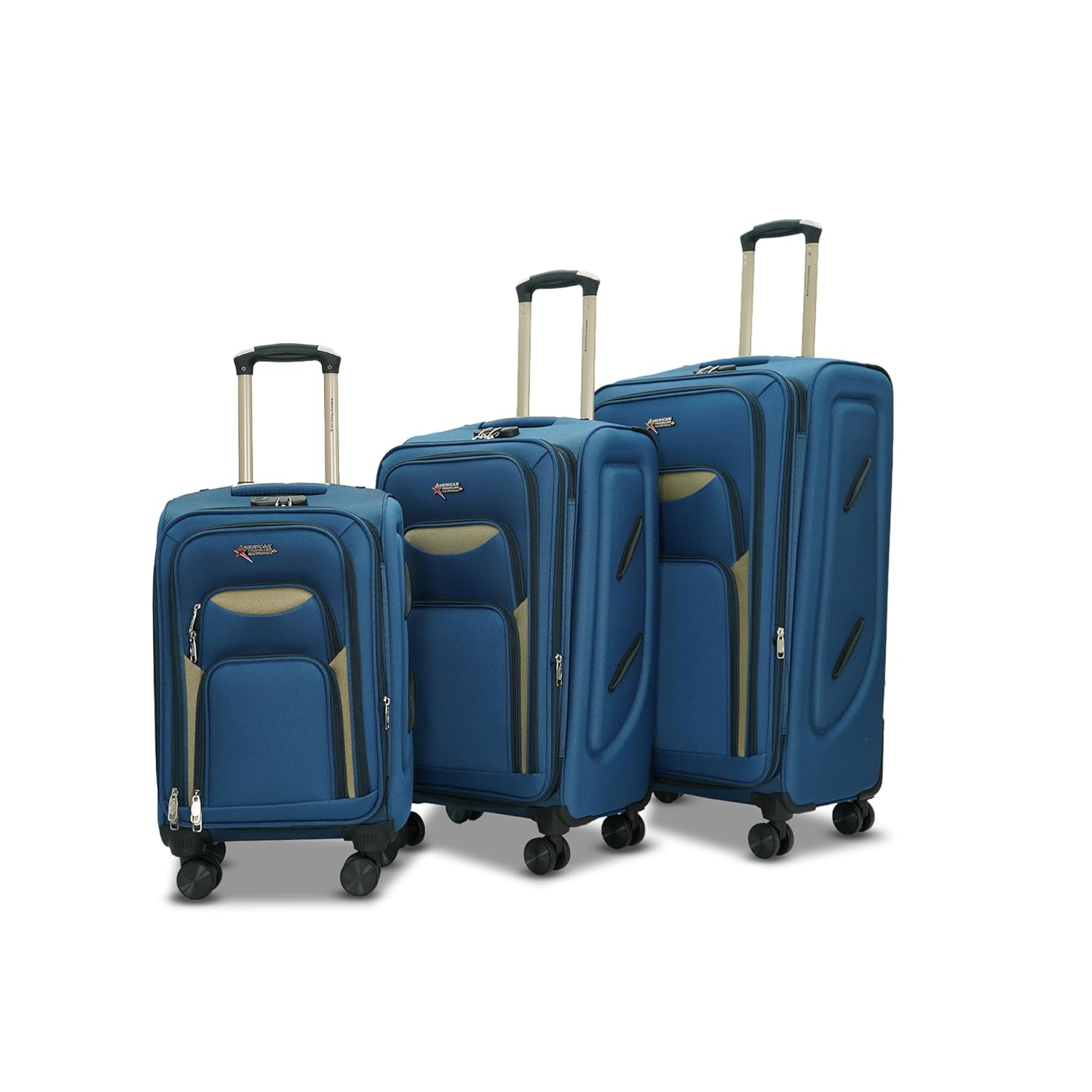 AMERICAN TRAVELLER Tourissem Bossed Trolley Bags Set of 3 – Cabin, Medium, Large | Travel Suitcase Luggage | 18% Expandable | 360 Dual Disc Spinner Wheels | Lock & Telescopic Handle (3, Navy Blue)
