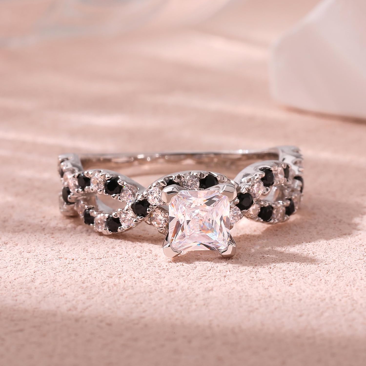 Jeulia Women 2.5 Carat Princess Cut Wedding Band Rings Engagement 925 Sterling Silver Twisted Eternity Birthstone Rings Anniversary Promise with Jewelry Gift Box