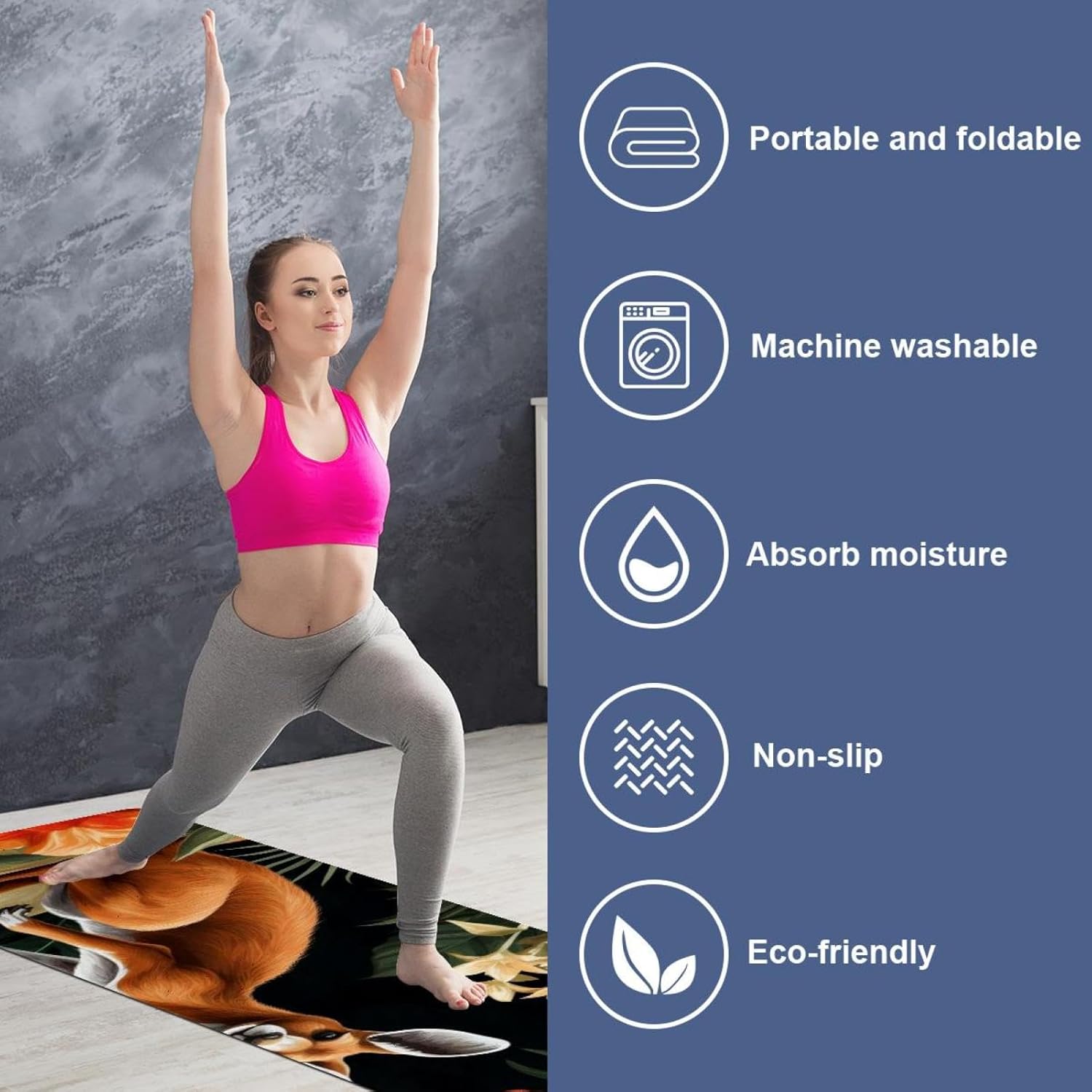 Yoga Towel, Kangaroo Pattern Non Slip Sweat Absorbent Hot Yoga Mat Towel for Hot Yoga, Pilates and Fitness - 72.8" x 26.8"