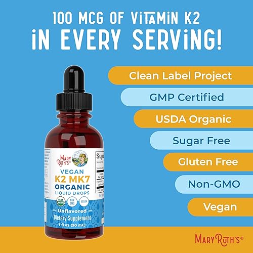 Miniatura 8 de MaryRuth’s Gotas Líquidas de Vitamina K2 MK7 Orgánicas USDA para Adultos y Niños | Obtenidas de Natto | Menaquinona- 7 | Vitamina K2 Vegana para la