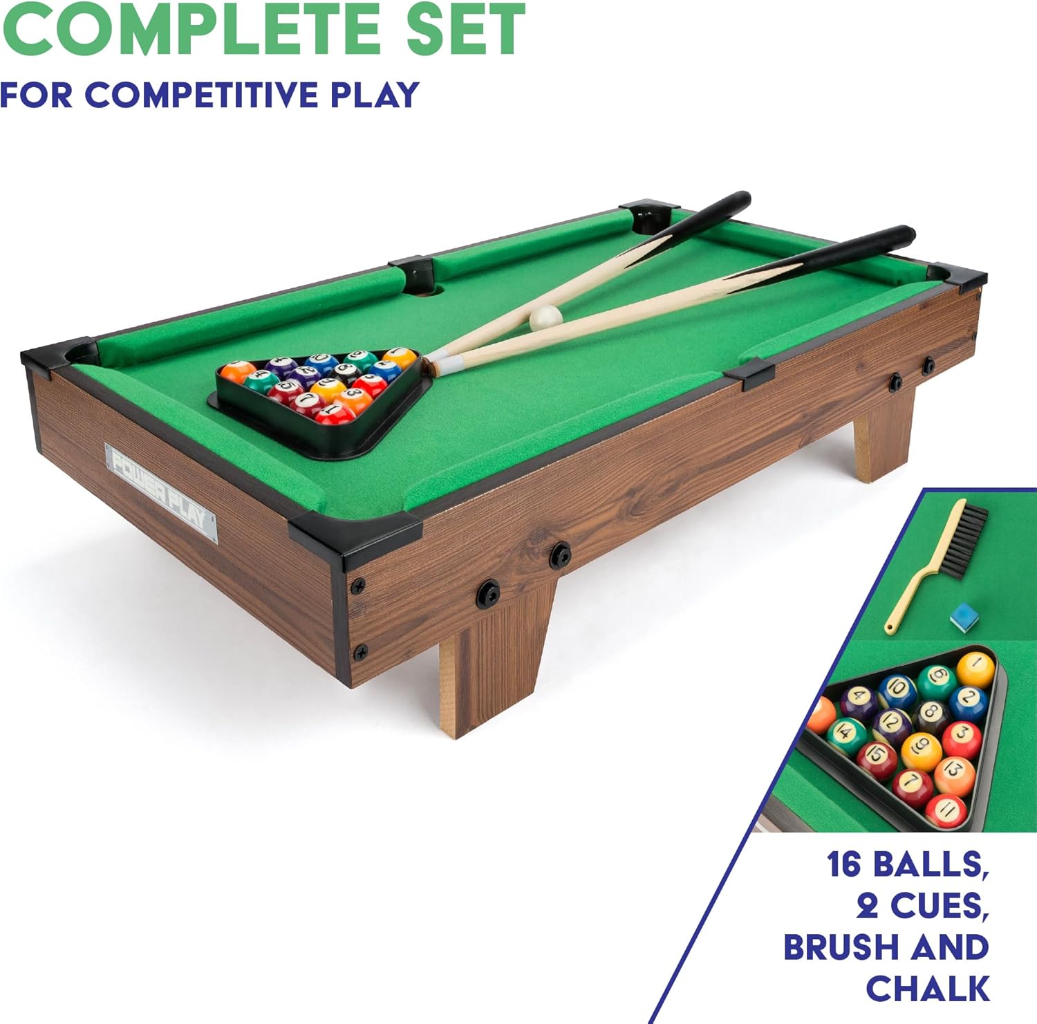 Power Play | Pool Table Game, Portable Wooden Classic Games Table, Indoor Outdoor Game for Kids and Adults, Brown 25inch