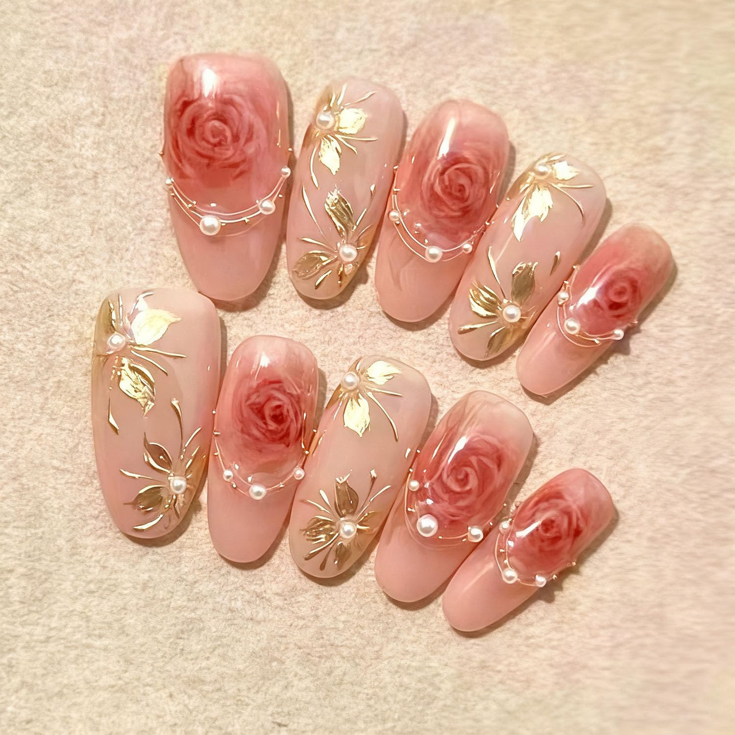 Flower Press on Nails - Medium Almond Pink Floral Design