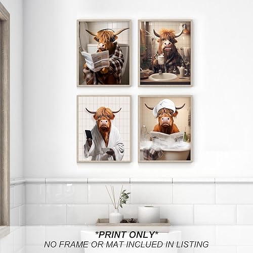 Miniatura 2 de Divertida decoración artística de pared de baño de vaca de las tierras altas, impresión de póster de vaca marrón de las tierras altas en la bañera y