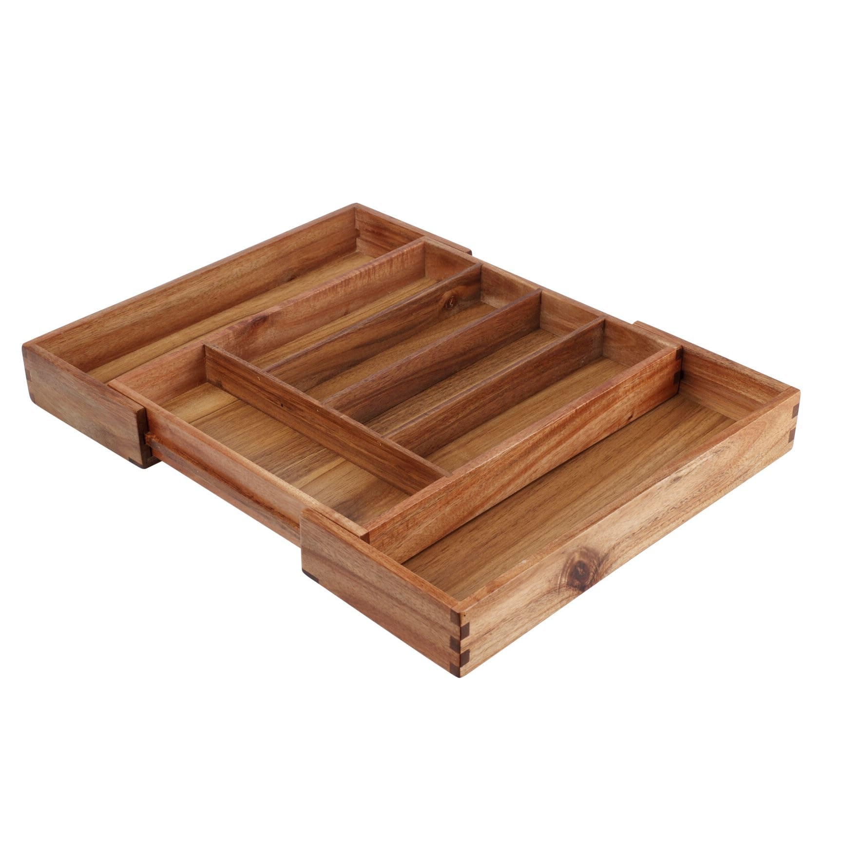 Carousel Home Expandable Wooden Cutlery Tray Organiser | Acacia Wood Drawer Insert, 5–7 Compartments | Kitchen Cutlery Drawer Organiser - 28 to 45cm