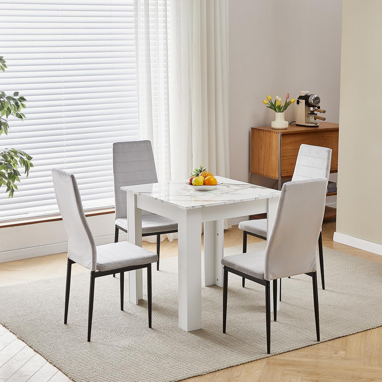 Modern White Marble Dining Table and Grey Velvet Chairs Set of 4 for ...