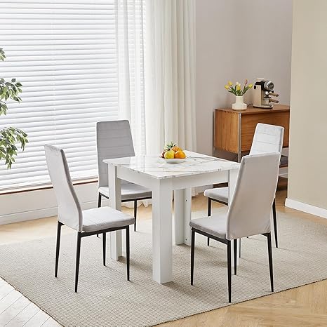 Modern White Marble Dining Table and Grey Velvet Chairs Set of 4 for ...