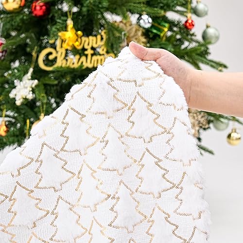 Miniatura 31 de Falda de árbol de Navidad de 48 pulgadas, falda de árbol de piel sintética de lujo con copos de nieve dorados y lentejuelas, alfombrillas grandes