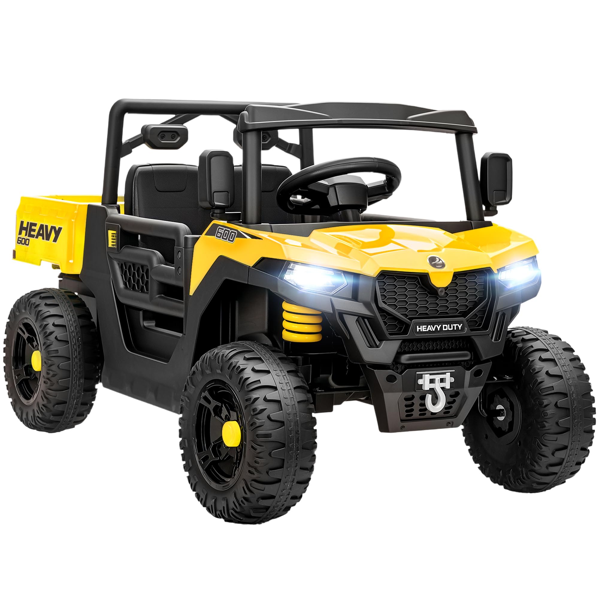 AIYAPLAY Kids Electric Car 12V Kids Ride on Car, UTV with Electric Dump Bed, 4-Wheel Suspension, Remote Control, Music, Horn, for 3-8 Ages, Yellow
