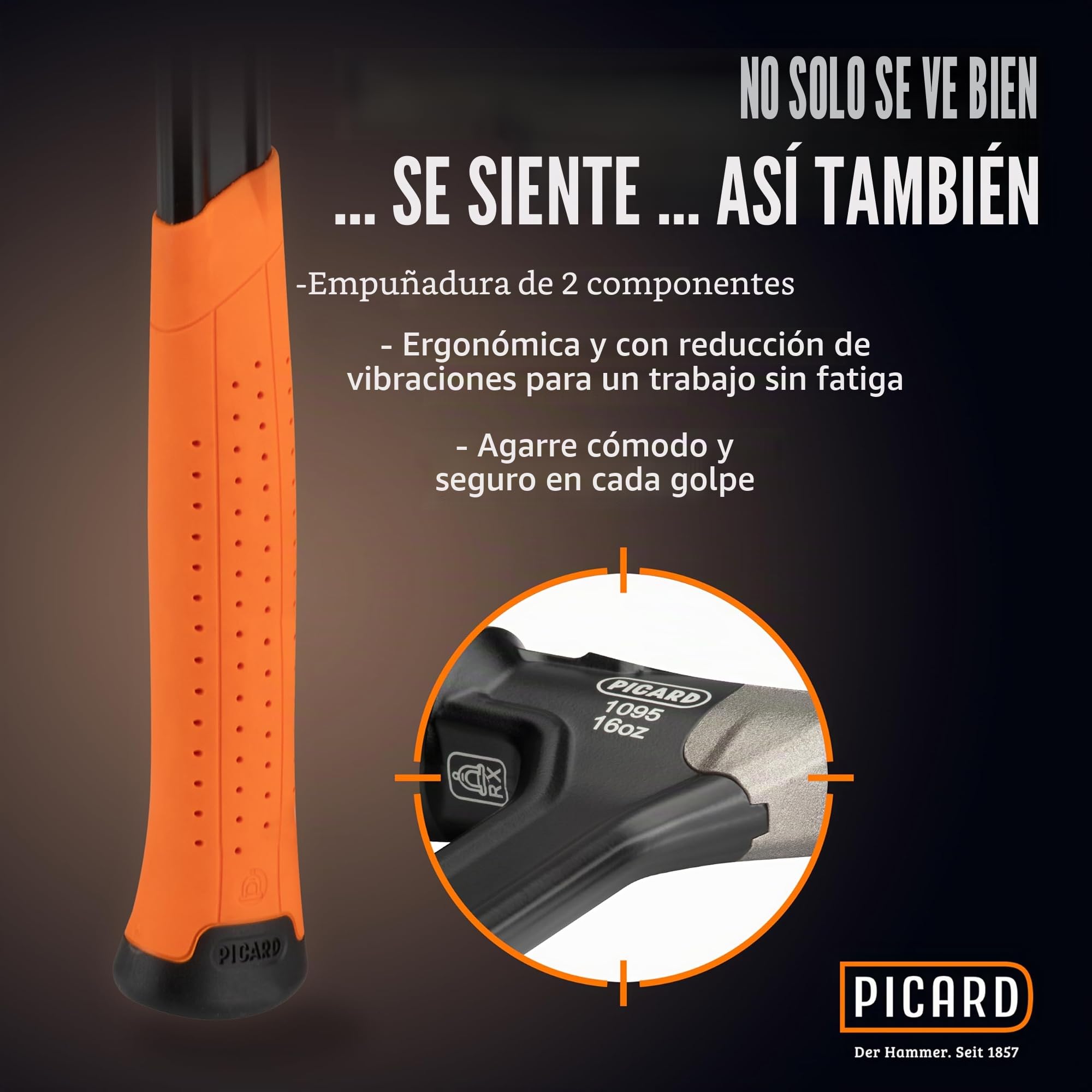 PICARD Martillo AluTec no.1095 superficie lisa | Martillo Carpintero Profesional | Encofrador con Cabeza Híbrida de Aluminio y Acero | Mango Ergonómico Antivibración | Martelo