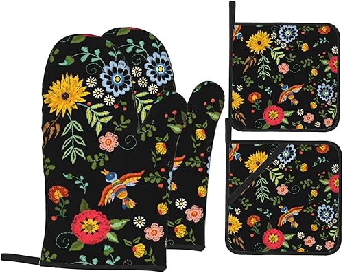 Juego de 4 manoplas para horno y agarraderas florales mexicanas, guantes de cocina estilo campestre, antideslizantes, resistentes al calor, guantes