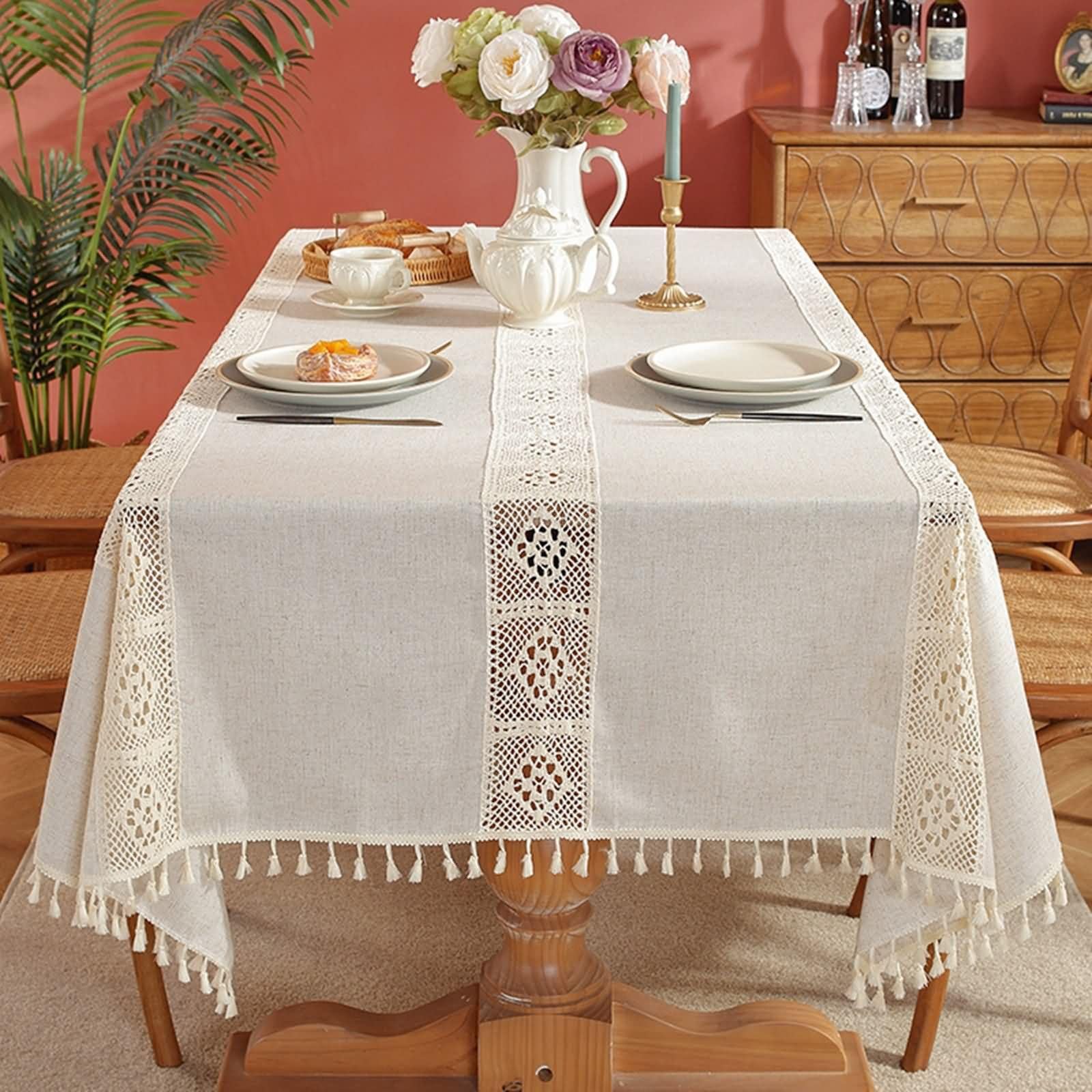 Mantel Antimanchas y Lavable Rectangular Beige Exterior, Encaje Hueco con Borlas, de Poliéster Fácil de Limpiar, 140 x 240 cm, Mantel para Comedor y Cocina