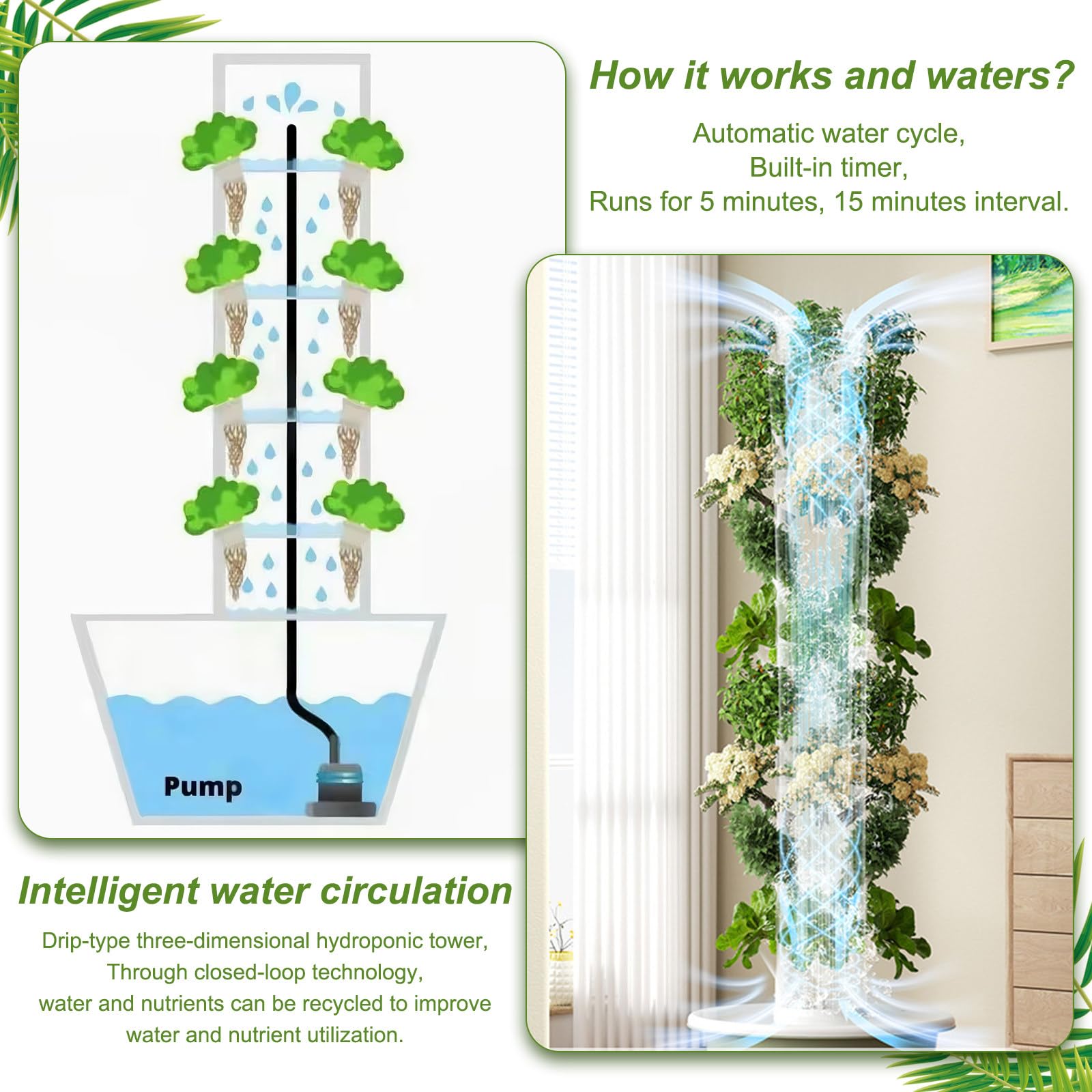 City Farm Tour hydroponique – Jardin vertical sans sol avec arrosage automatique et minuterie, cultivez des herbes et légumes frais toute l'année, 5 couches – Vert