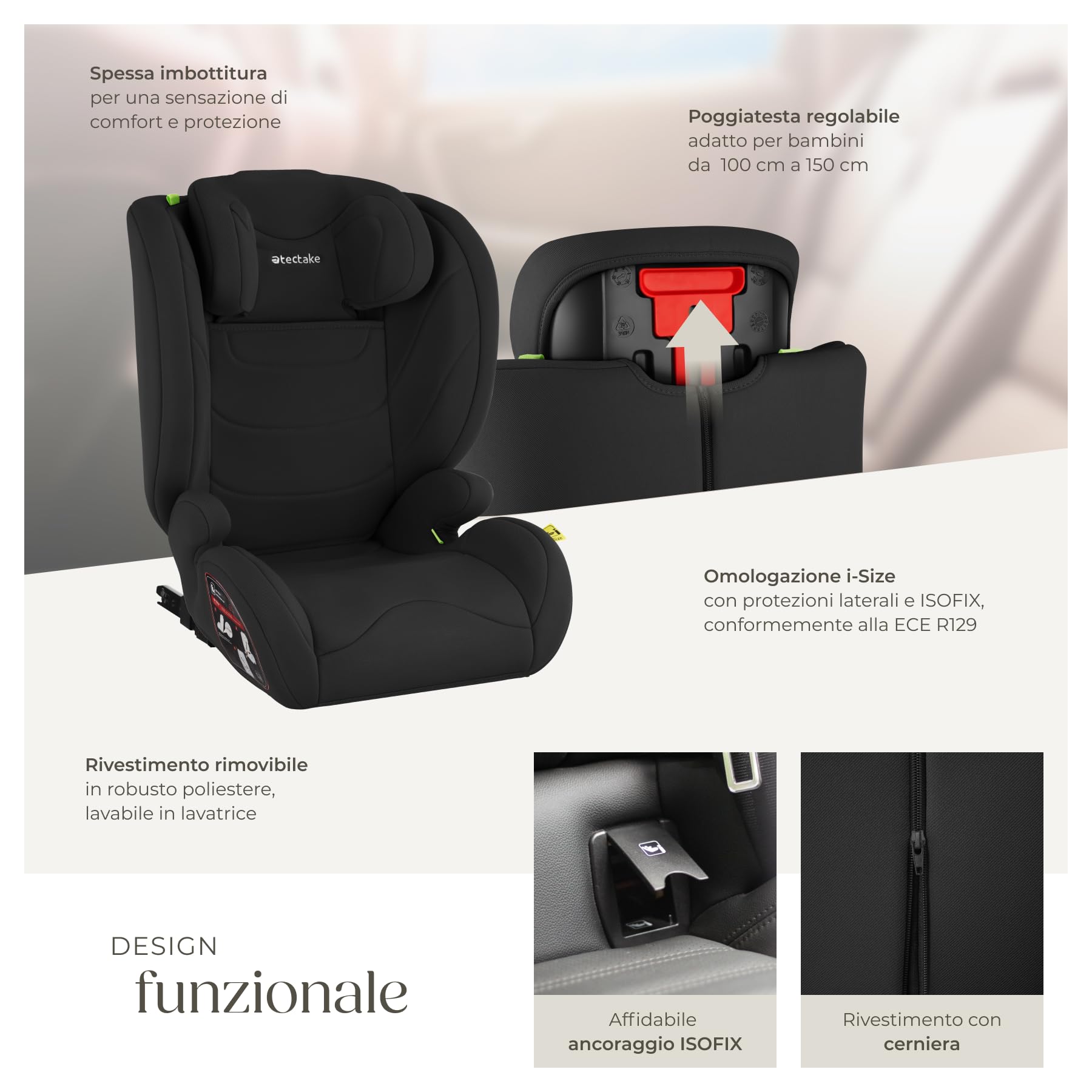 tectake® Seggiolino Auto i-Size con ISOFIX, Omologazione ECE R129, Protezione Impatti Laterali, Altezza Regolabile 100-150cm, Rivestimento Lavabile, Imbottitura Confortevole, Per Auto - Nero