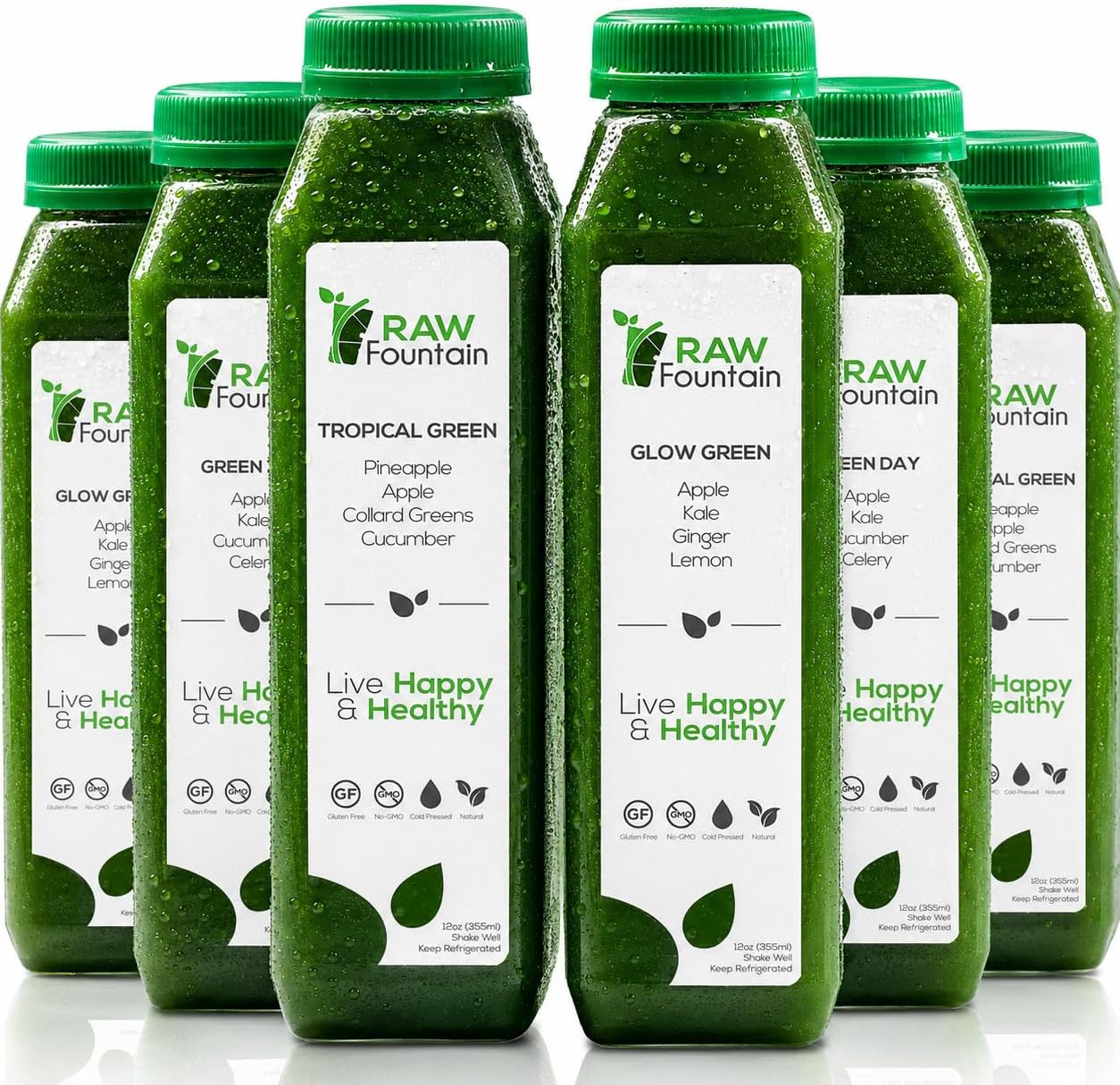 1 Day Green Juice Cleanse by Raw Fountain, All Natural Raw, Vegan Detox, Cold Pressed Juice, Great Way to Detox Your Digestive System, Kosher, Gluten Free, NO Added Sugar, 6 Bottles 12oz
