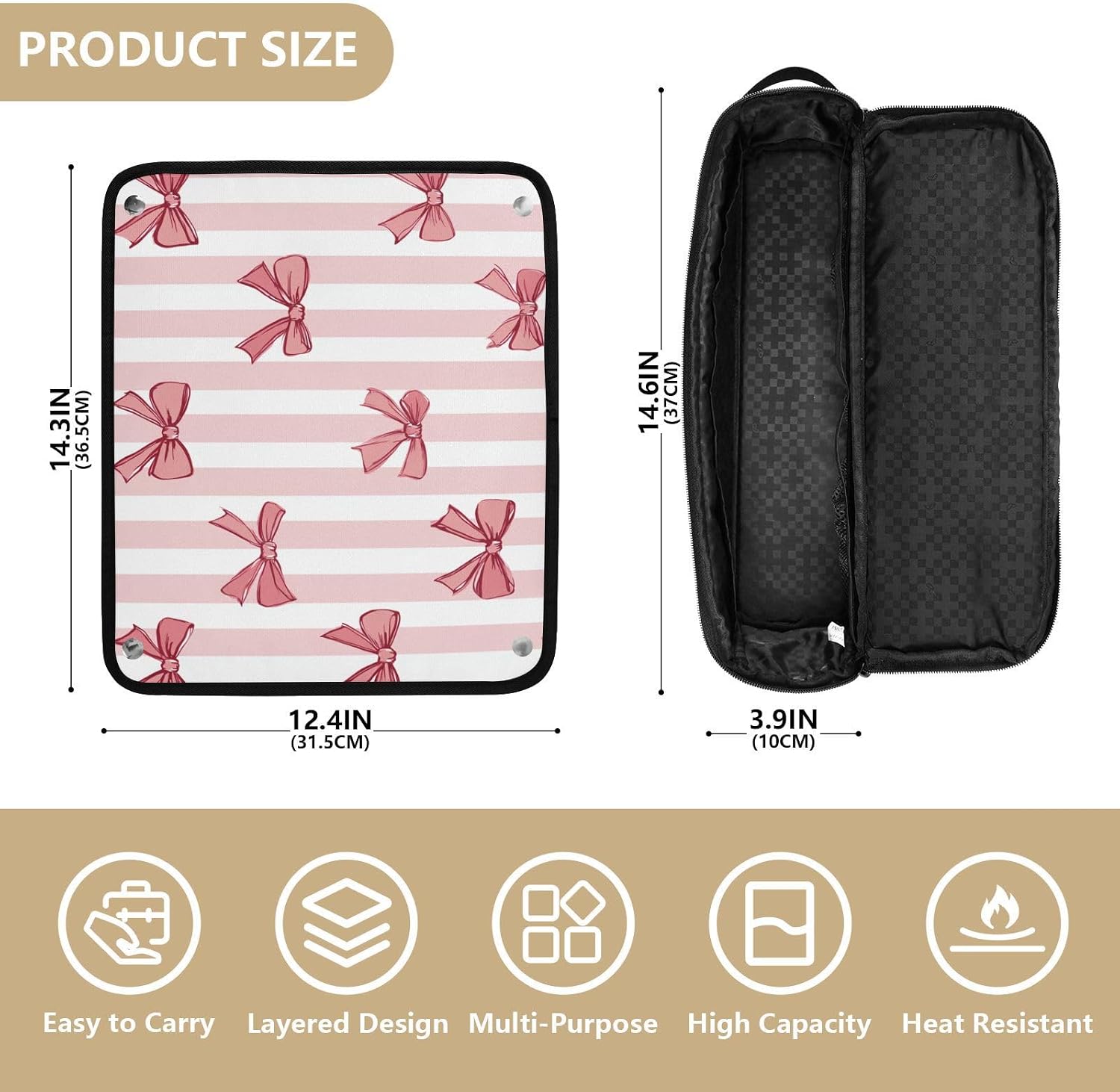 Hair Tools Travel Bag with Heat Resistant Mat Detachable 2-in-1 Curling Iron Travel Case Hot Tools Organizer for Straightener Flat Iron Pink White Stripes Bows