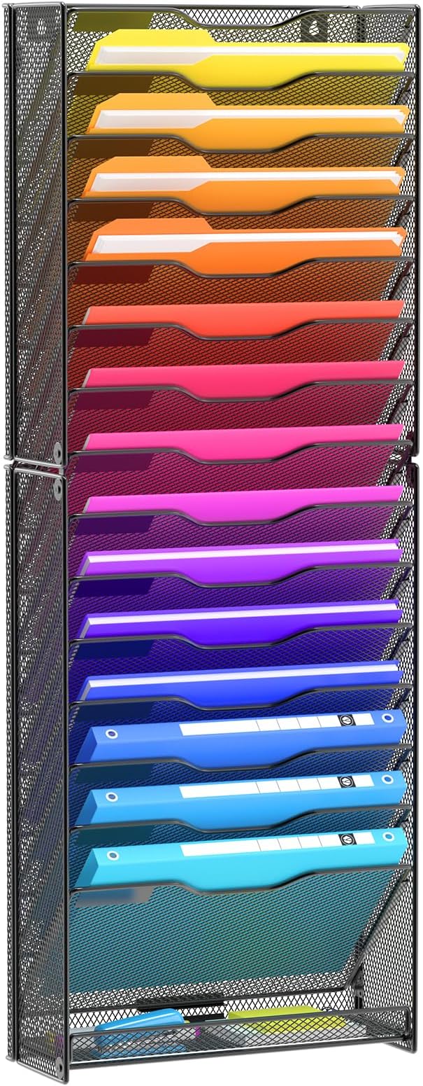 VEESUNWall File Organizer, 16-Tier Mesh File Holder, Vertical Document Rack For Home, School, and Office Use (Black)