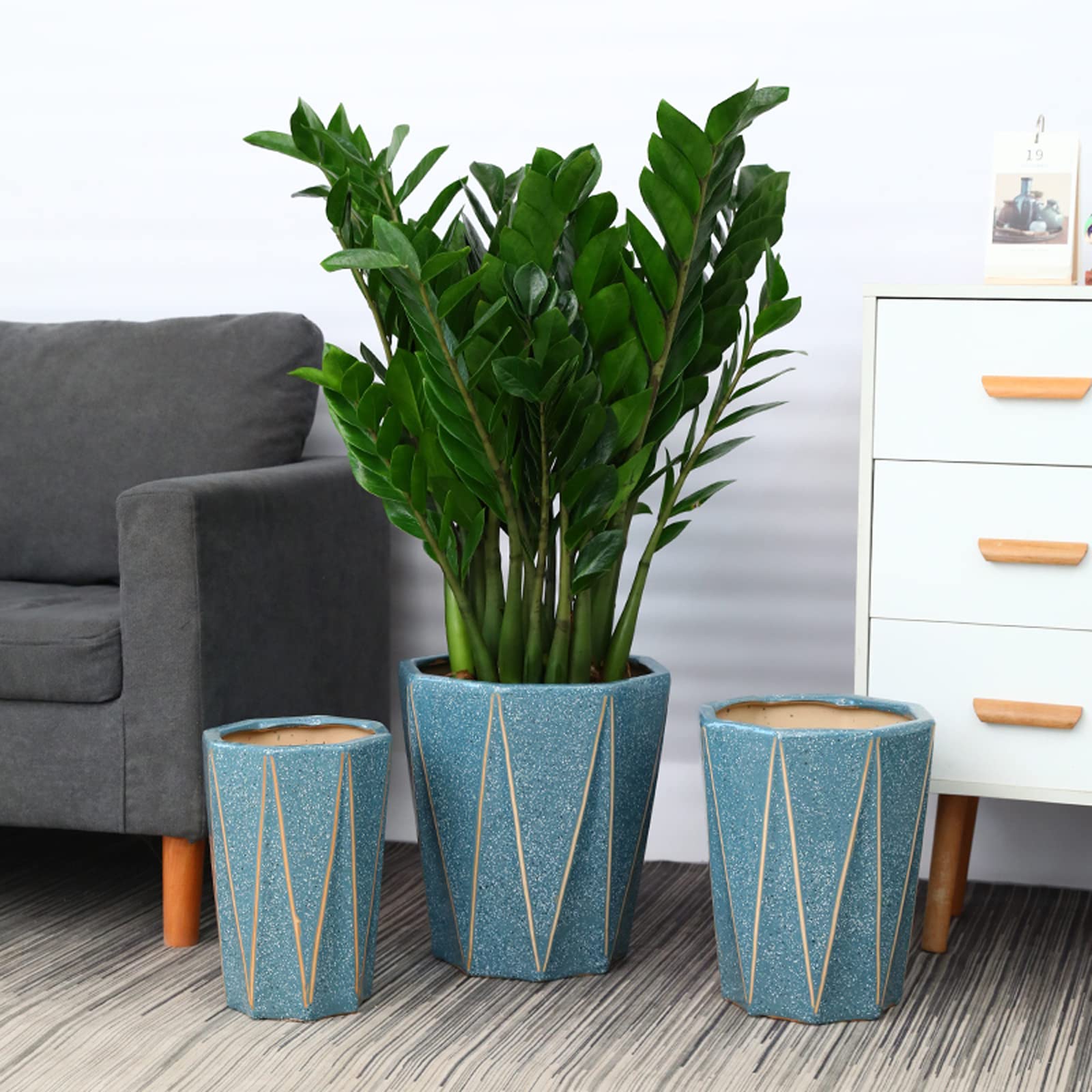 Vasi da Giardino Vasi da Fiori con Geometria da 7,8/10,2/12,5 Pollici, vasi per Piante in Ceramica a Punti Colorati con Fori di drenaggio per casa, Piante da Esterno, Blu
