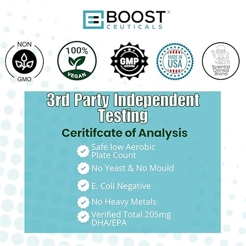 Vista 4 de BoostCeuticals Aceite de algas vegano Omega 500mg – Dosis de mantenimiento perfecta para el bienestar diario del cerebro del corazón – Sin eructos a