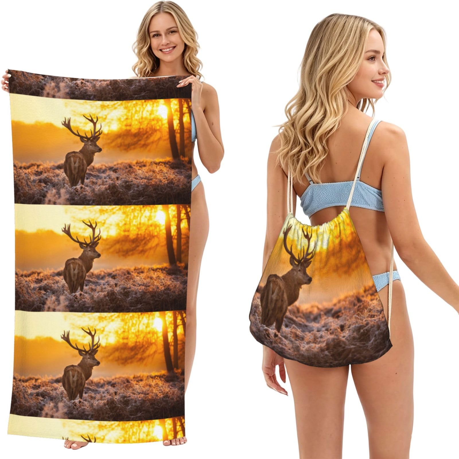 Poadnly As Picture Elk Deer, 2 In 1 Packable Towel Bag, Beach Towels With Drawstring Backpack For Travel Holiday Camping