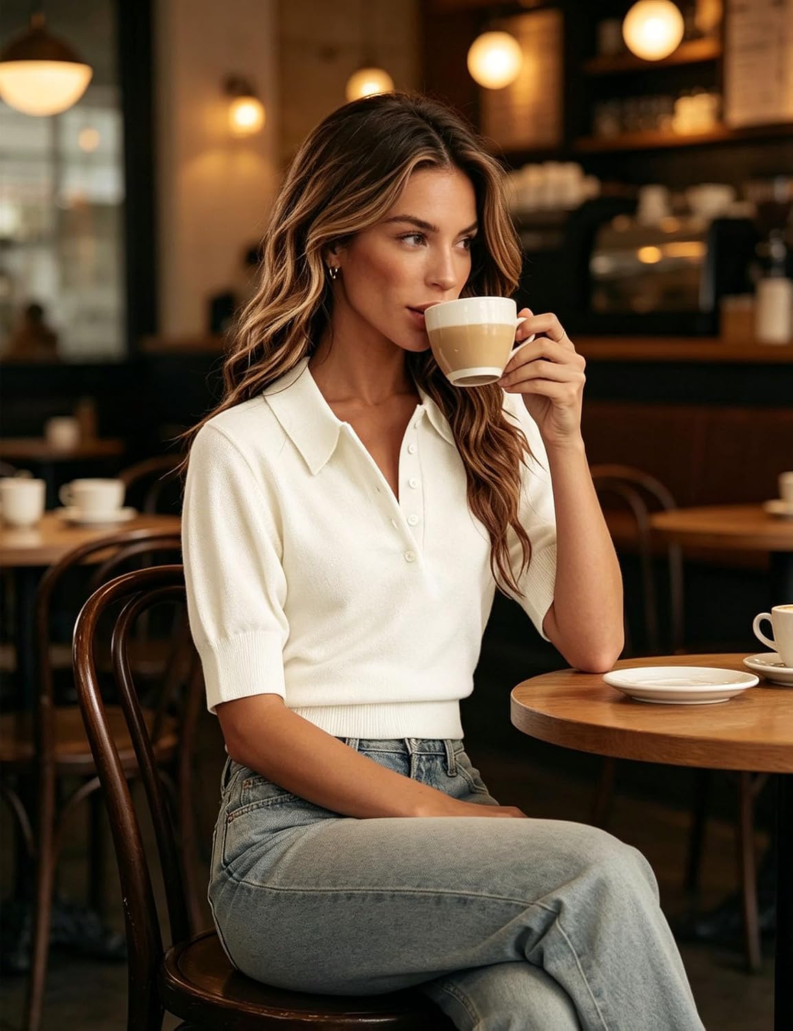 Women's V Neck Polo Sweater Top Button Down Short Sleeve Collared Knit Shirts Casual Solid Blouse