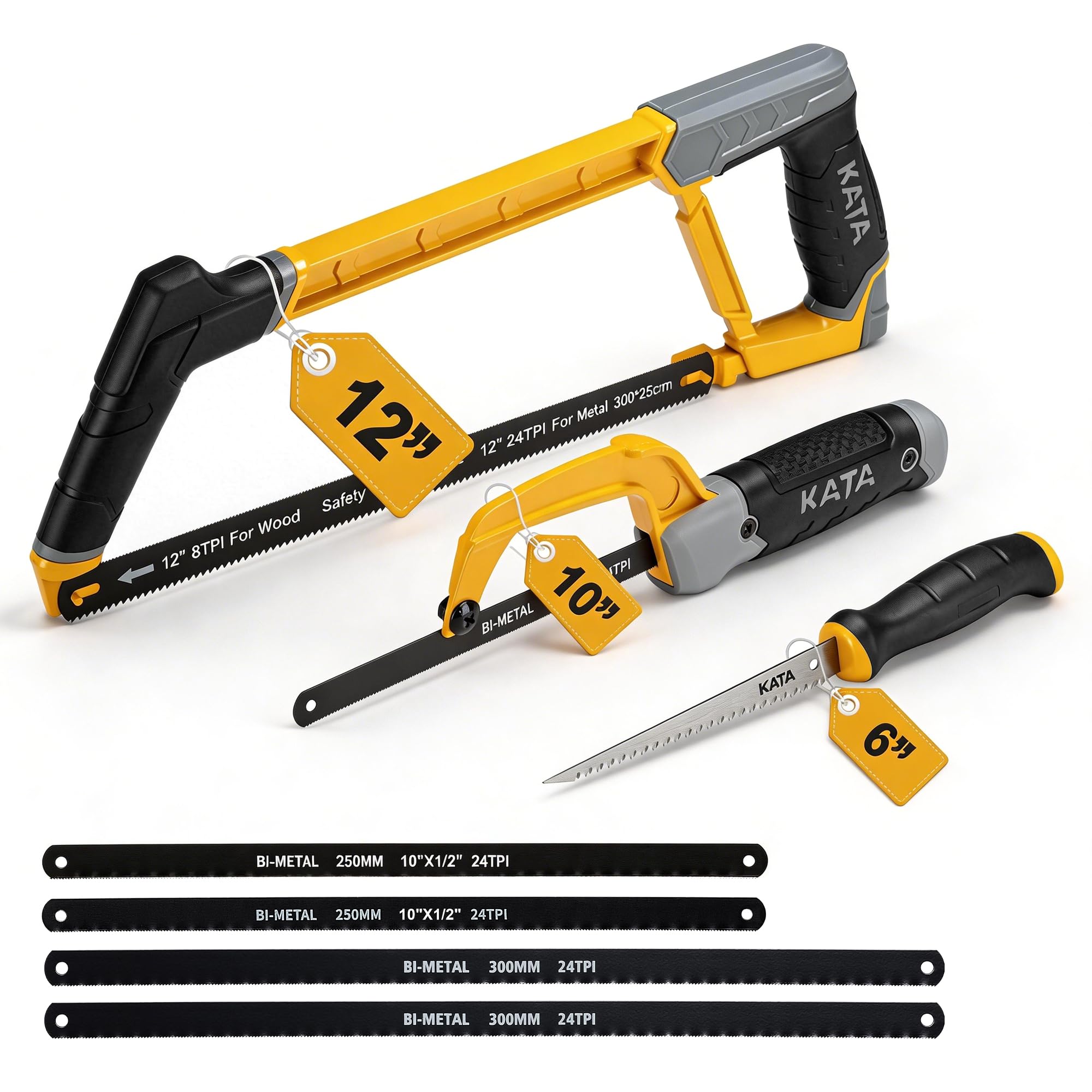 KATA Hacksaw Frame Set, 12“ Hacksaw Frame, 10'' Mini Hacksaw and Drywall Saw/Jab Saw, Including 4pc Extra Flexible Bi-Metal HSS Blades, Handsaw for Metal, Wood, PVC Pipes