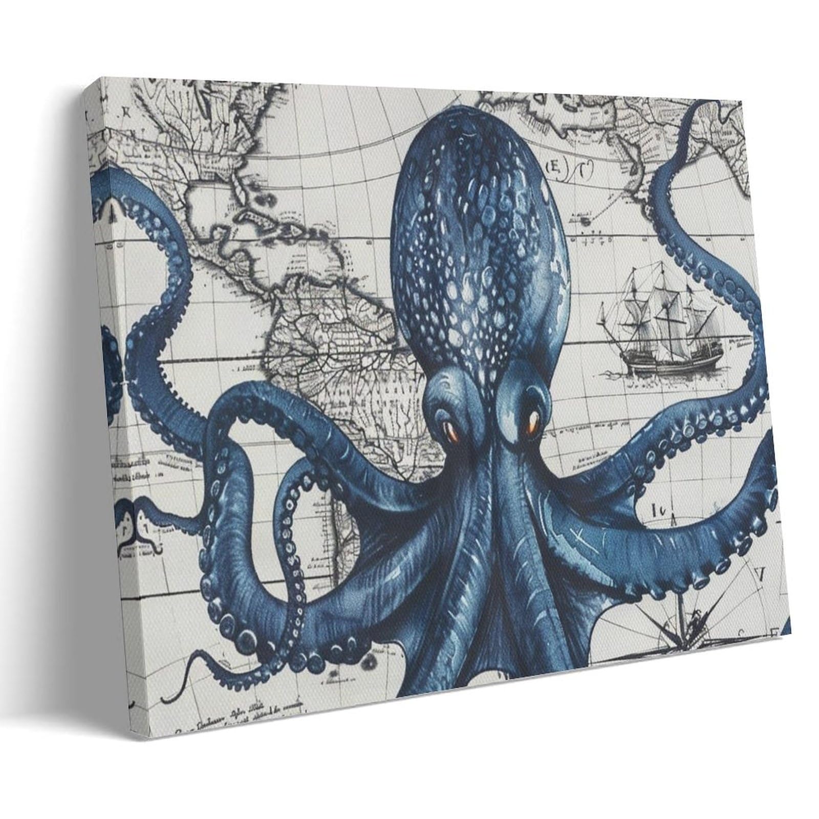 FYFMUSHE Watercolor Map Octopus Canvas Wall Art Paintings Modern Nautical Sea Animals Pictures on Canvas Prints Framed Ready to Hang Artwork for Bedroom Home Decor 16x24inch(40x60cm)