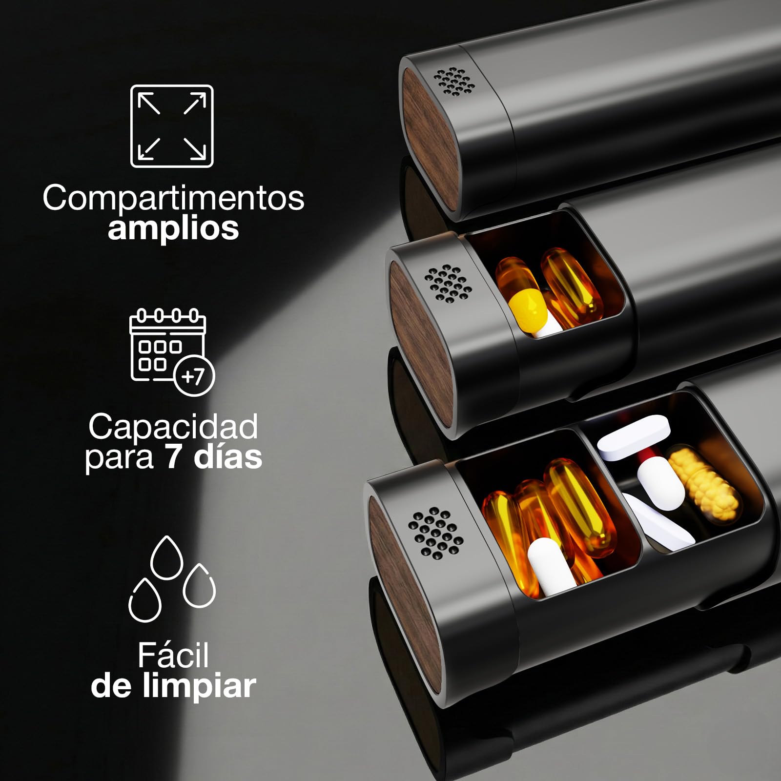 Pastillero Semanal de Aluminio Premium – 100% Metal, Base de Madera, Gran Capacidad & Diseño Elegante – Calidad Médica, Ideal para Viajes, Sin Plástico - Negro