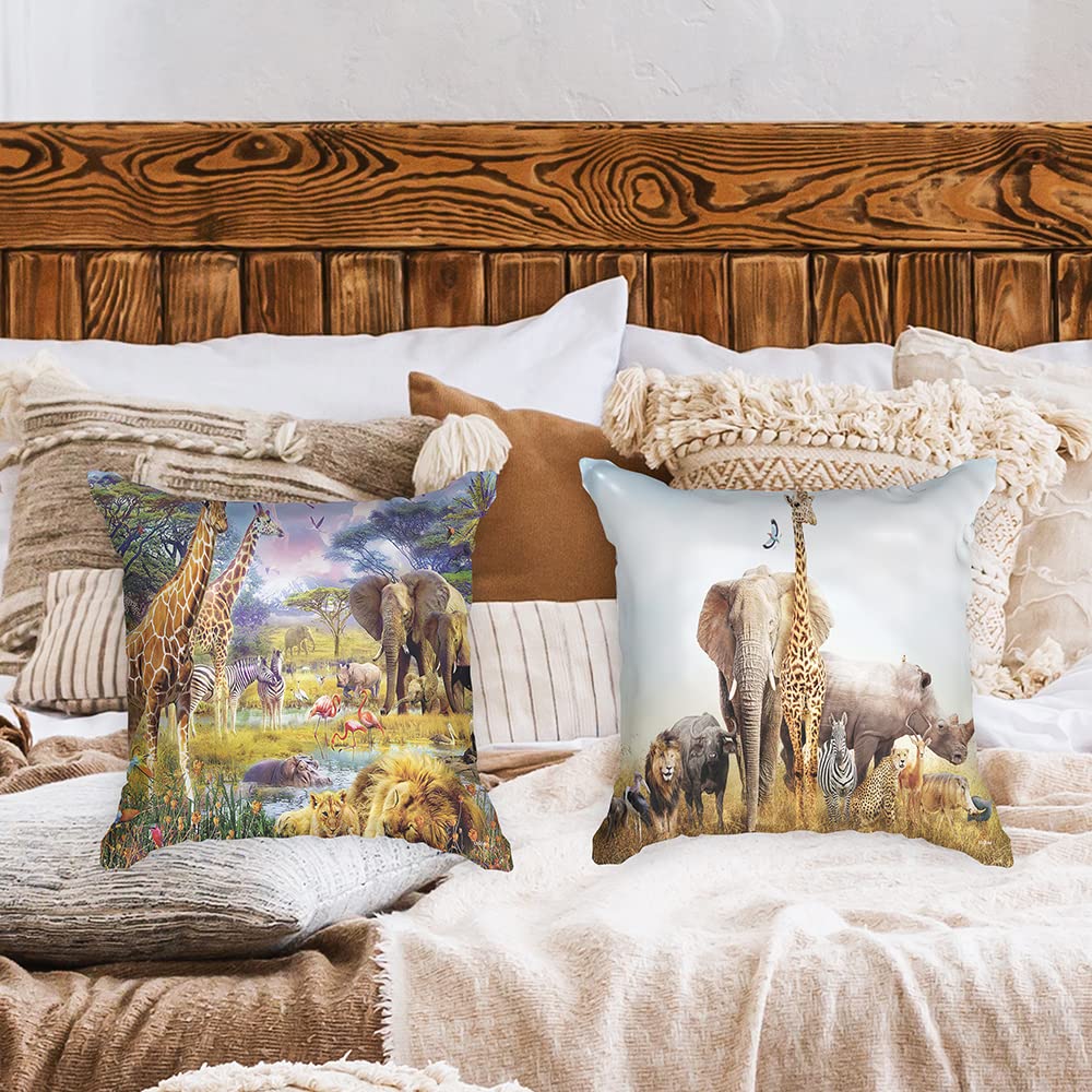 Ulticool, Cushion Cover, Safari Tere Nature Giraffe Elephant, Set of 2 Designs, 45 cm x 45 cm - Image 2