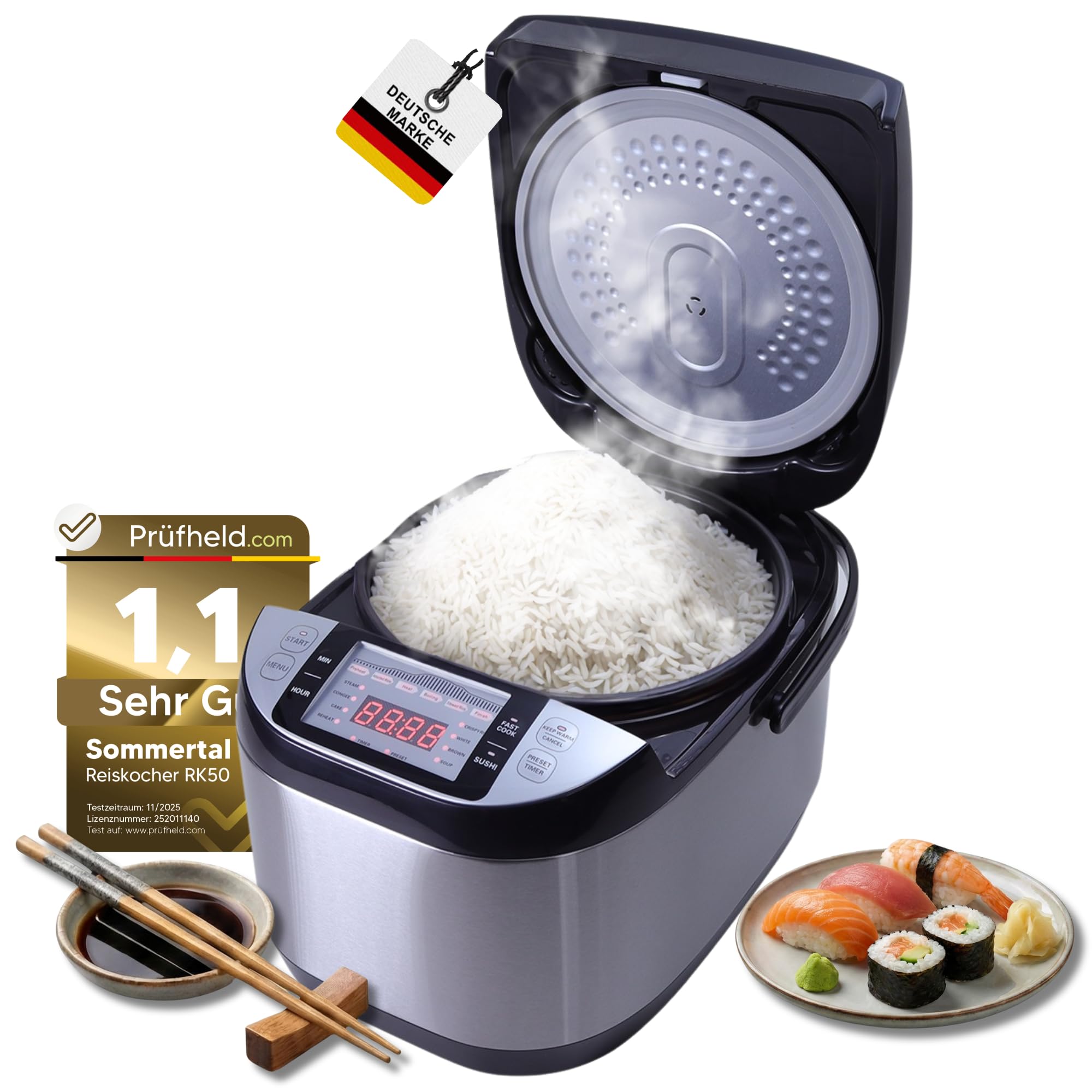 Sommertal Reiskocher 5 Liter XXL für 1 bis 15 Personen | 790W | Multikocher mit Touch, 3D Heizsystem, Warmhaltefunktion, abnehmbarem 105 cm Kabel | Dampfgarer mit Dämpfeinsatz & Zubehör | RK50