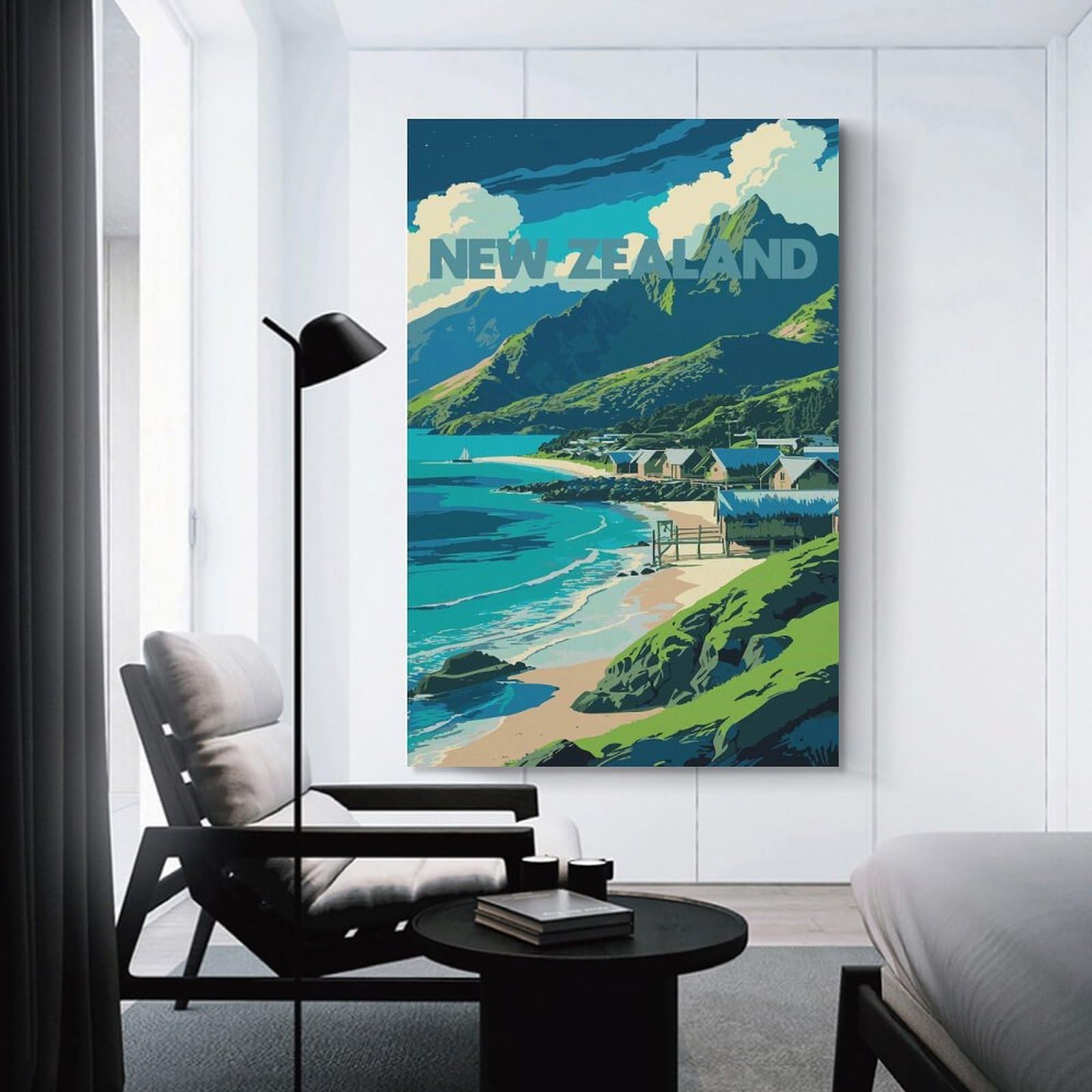Junmoney Canvas Wall Decor New Zealand Coastal Village Illustration, 20x30inch(50x75cm), for Living Room, Bedroom, Office Or Hallway, Stylish Home Artwork for Focal Walls
