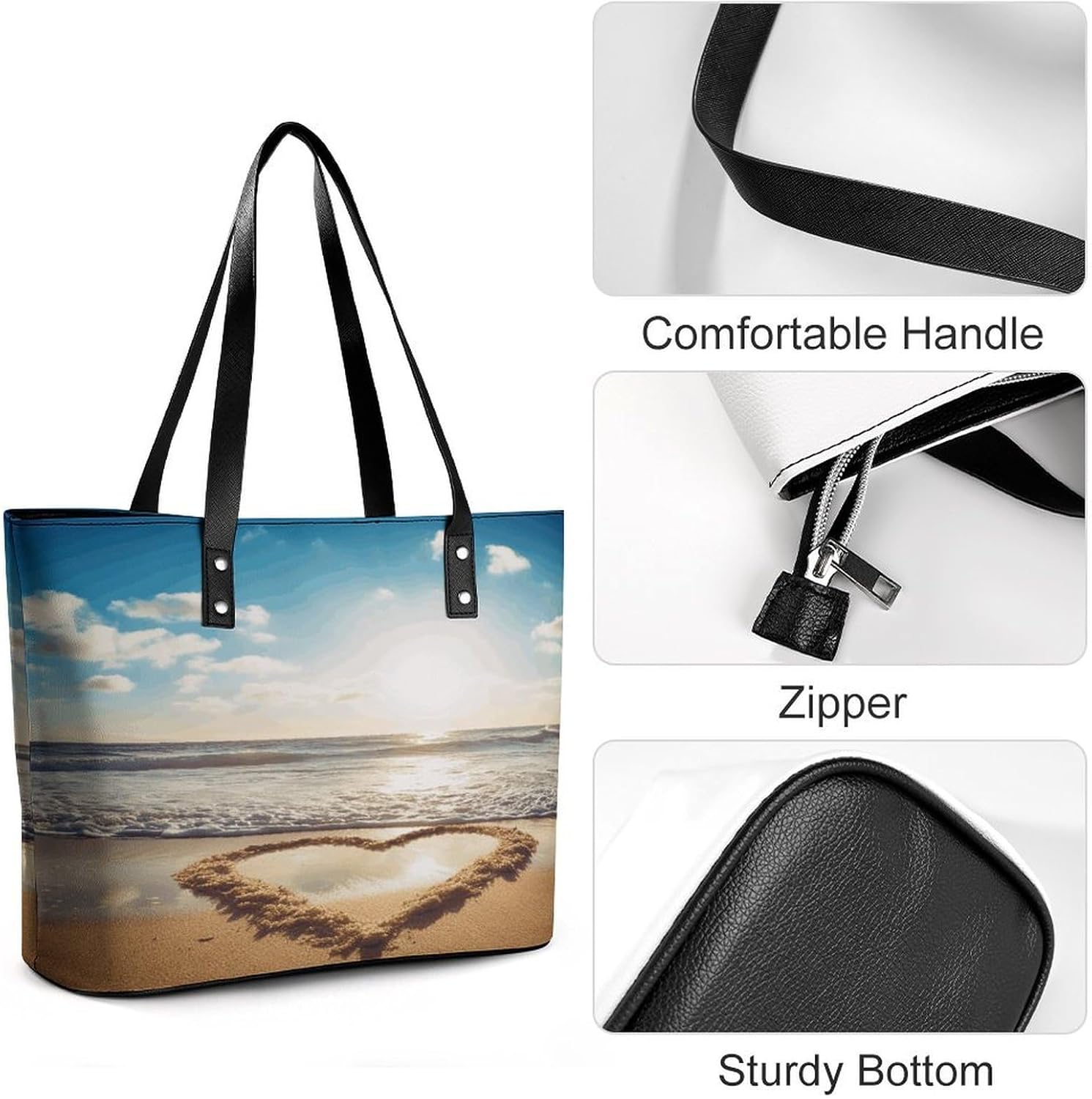 Heart Shape Romantic Beach Tote Bag for Women Top Handle Large Size Satchel Purse Ladies Chic Shoulder Bag Aesthetic Leather Shoulder Handbag for Work Travel Cute Casual Message Bags