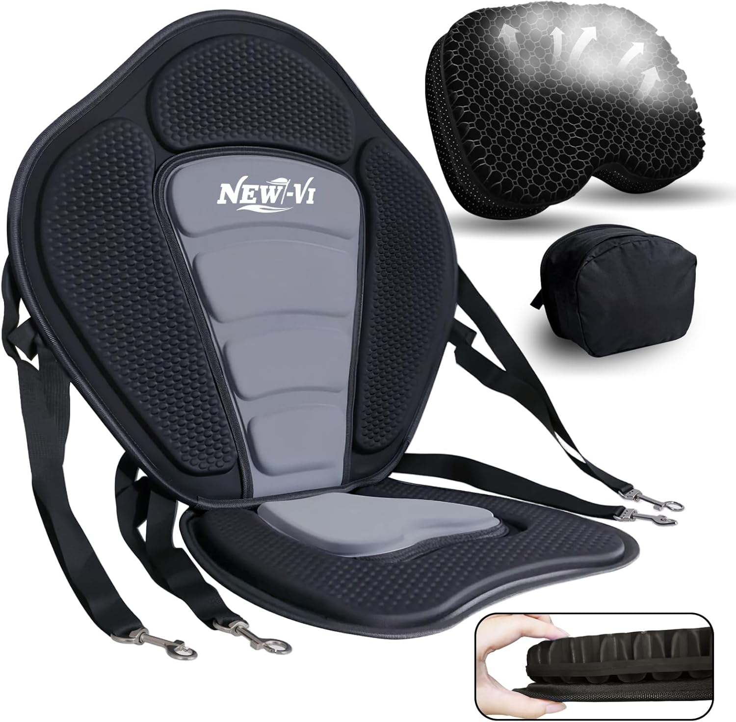 NEW-Vi Deluxe Kayak Seat with Gel Cushion & Storage Bag - Padded Ergonomic Backrest for Kayak, Canoe, SUP, Fishing Boat - Anti-Slip & Waterproof Black-gray seat+black cushion