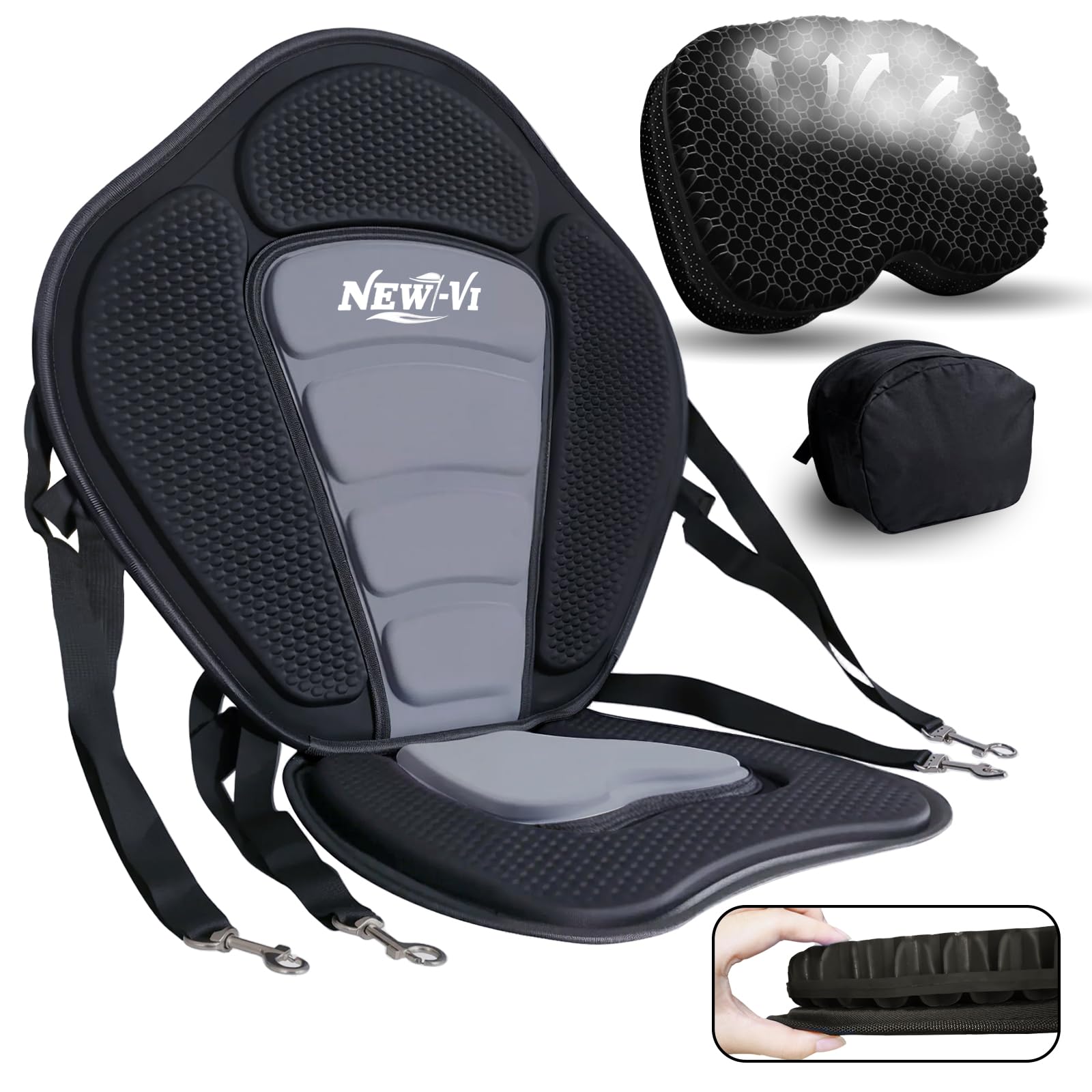 NEW-Vi Deluxe Kayak Seat with Gel Cushion & Storage Bag - Padded Ergonomic Backrest for Kayak, Canoe, SUP, Fishing Boat - Anti-Slip & Waterproof