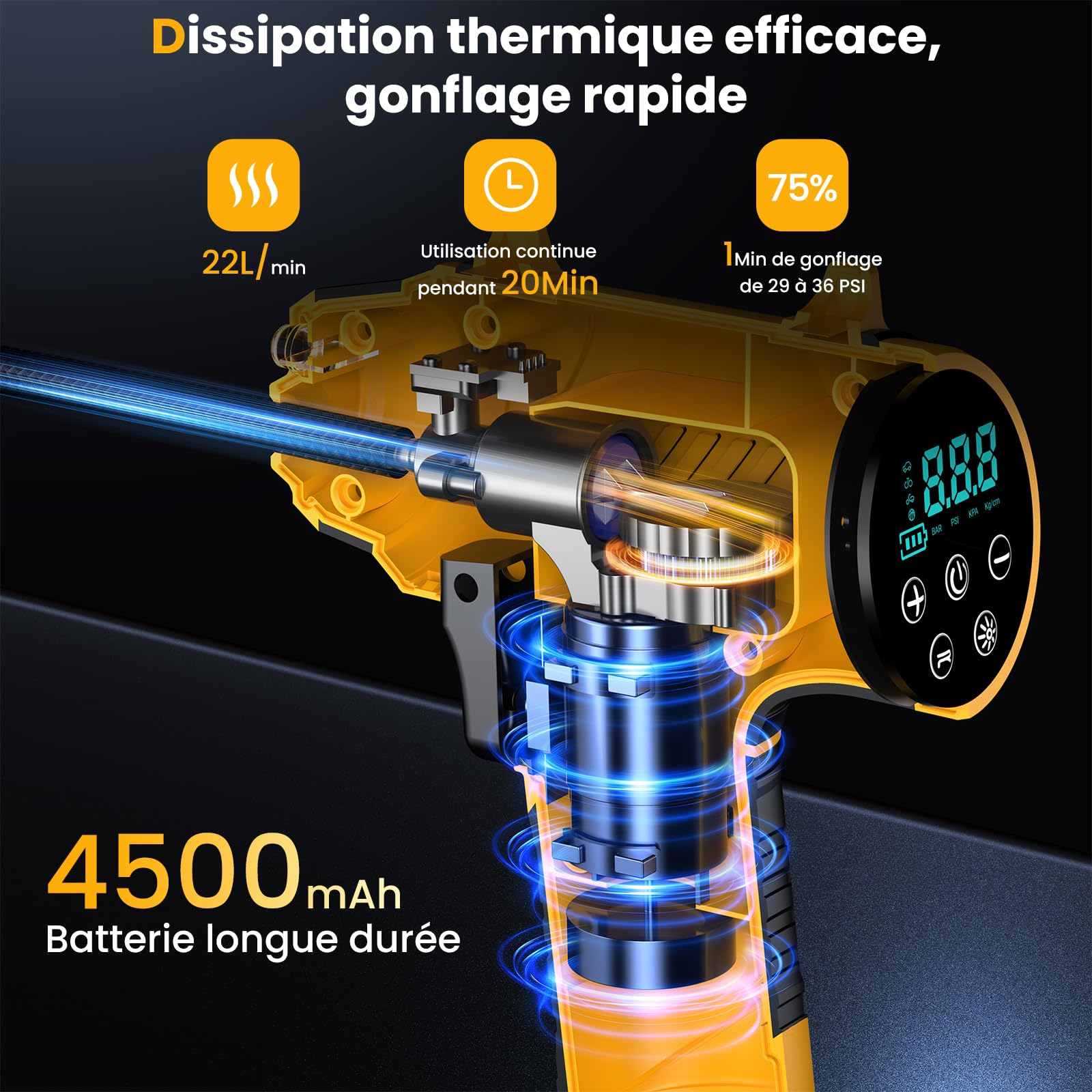 Gonfleur Pneus Voiture Sans Fil – 150PSI 22L/Min Compresseur d‘Air Portatif, Batterie Rechargeable avec Arrêt Auto, Écran LED & 4 Modes:Voiture/Vélo/Moto/Ballon