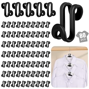 80 PCS Black Clothes Hanger Connector Hooks? Plastic Mini Cascading Hooks Organizer for Stack Clothes Space Saving for Closet Heavy Duty, Black